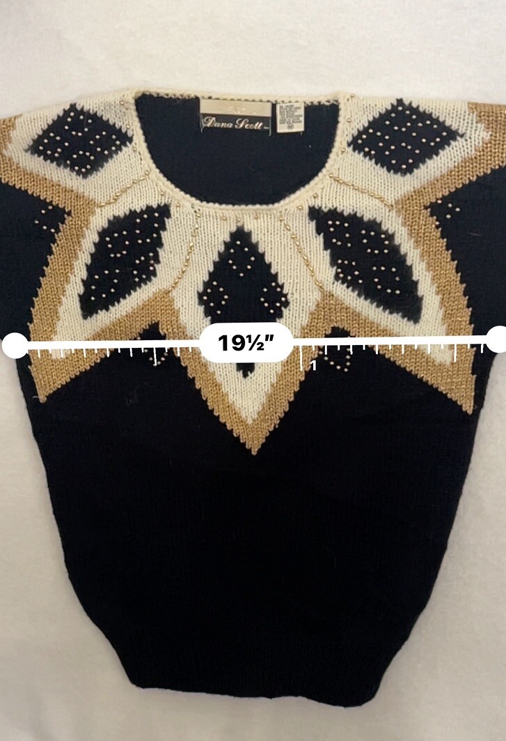 Dana Scott Womens M Vintage Sweater Black & Cream Gold Beads Party Holiday