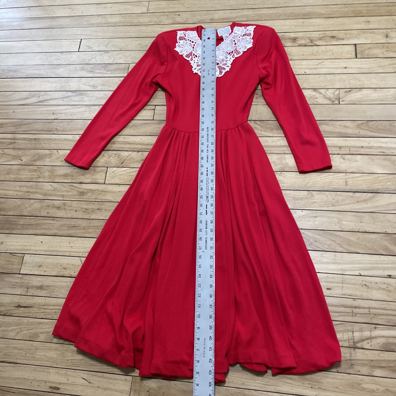 Expo Petite Vintage 1980’s Lace Trim Red Praire Dress Women 4 Wool Zip Made USA