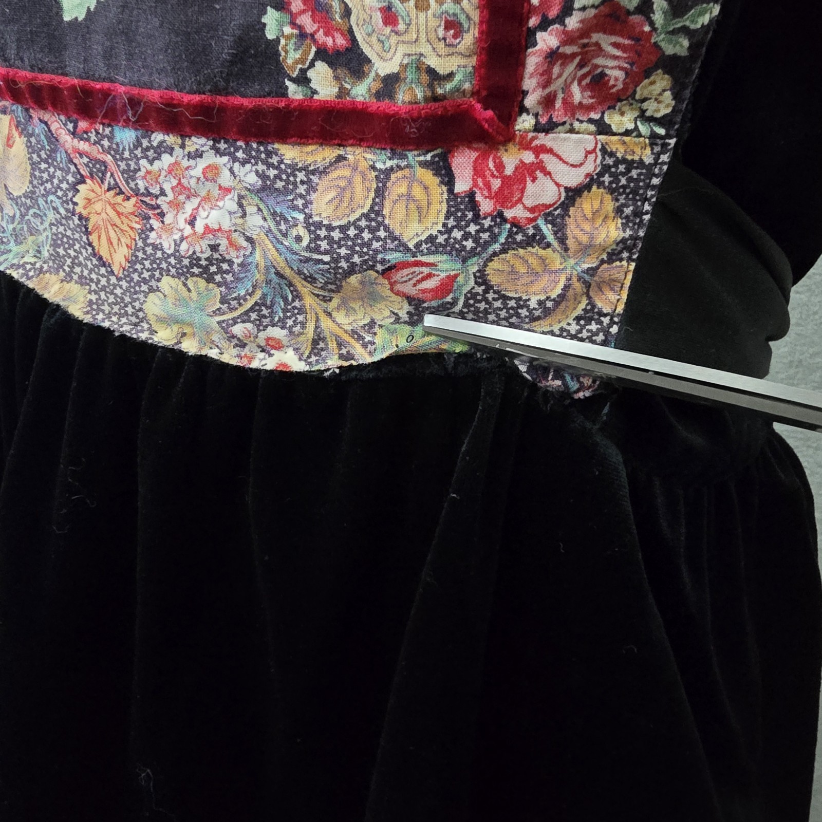 vintage 80s black velvet dirndl dress featuring a floral patterned bodice, Dress