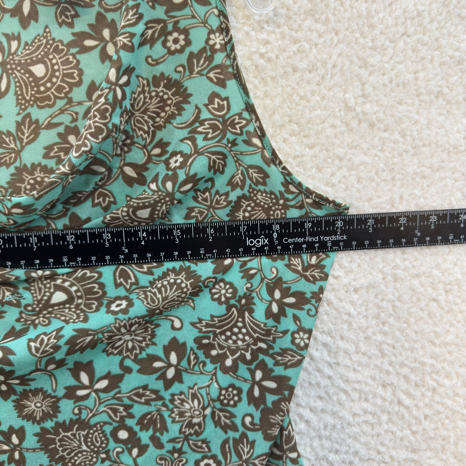 Y2K Vintage Top Large XL Blue Brown Floral Mesh Cowl Neck Corpcore Career Office