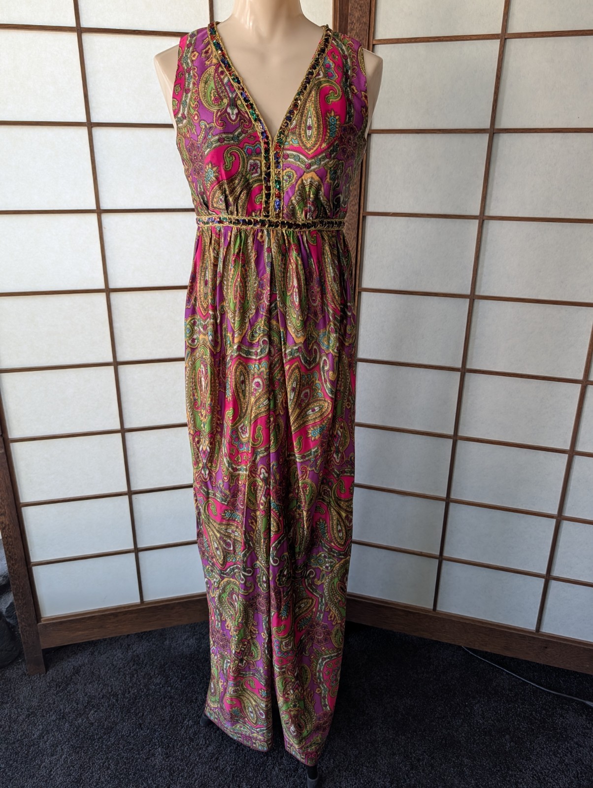 Vintage Vibrant Neon Paisley Jumpsuit Palazo Legs Sequins Psychedelic 1960s Smal
