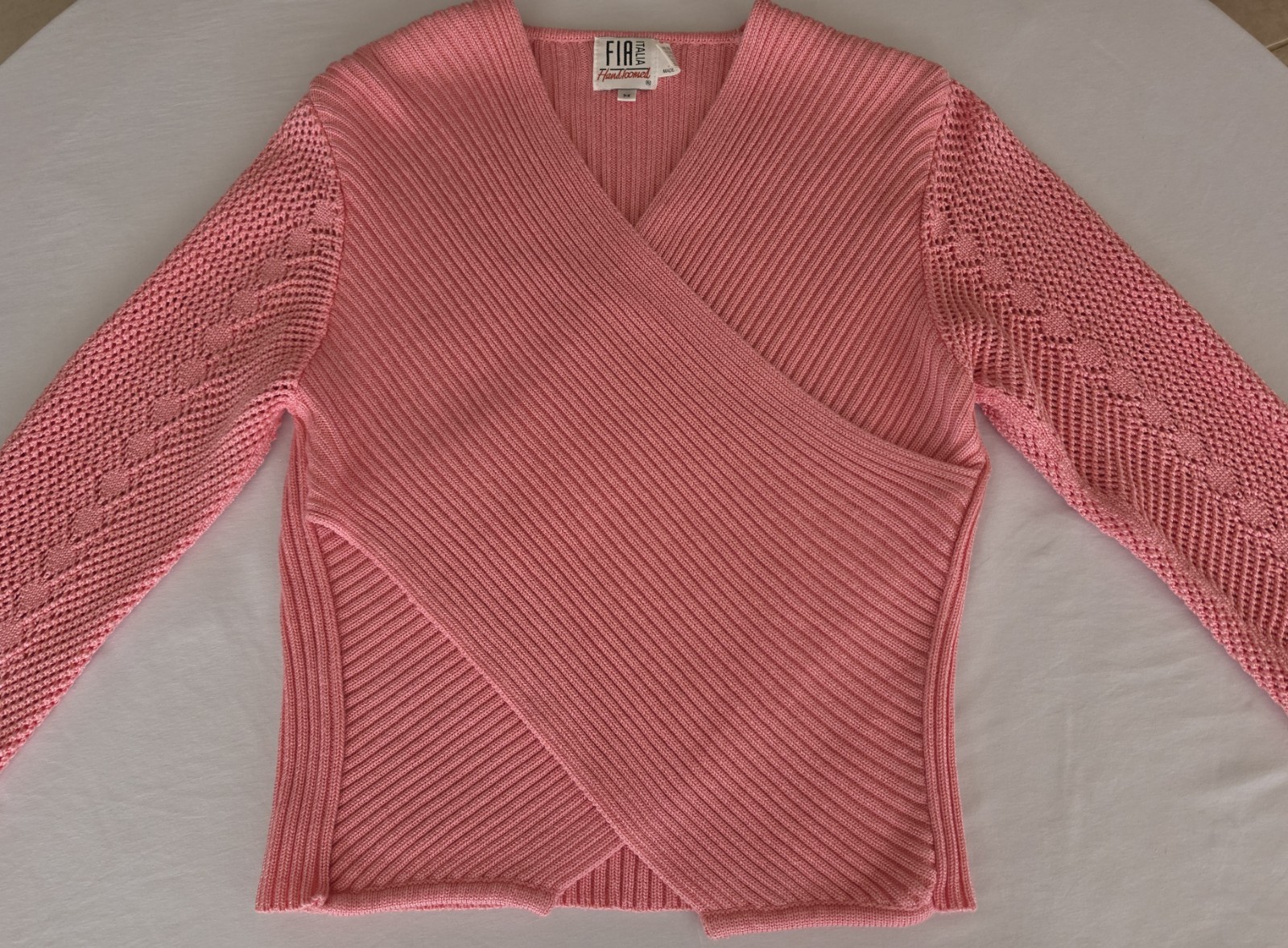 Vintage Fia Italia Handloomed Pink Long Sleeve Wrap Style Sweater Size Medium