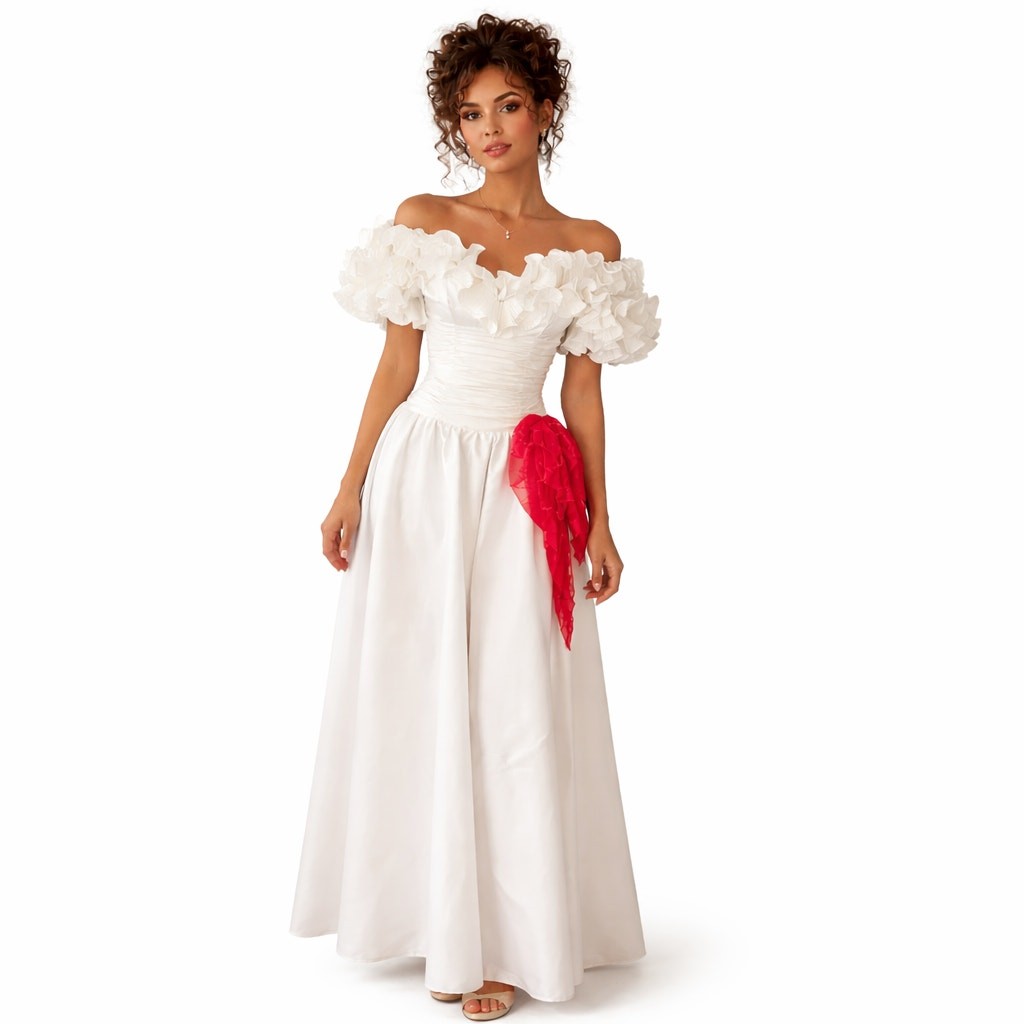 Vintage 80s Alyce Designs White Taffeta Ruffle Prom Formal Dress XS