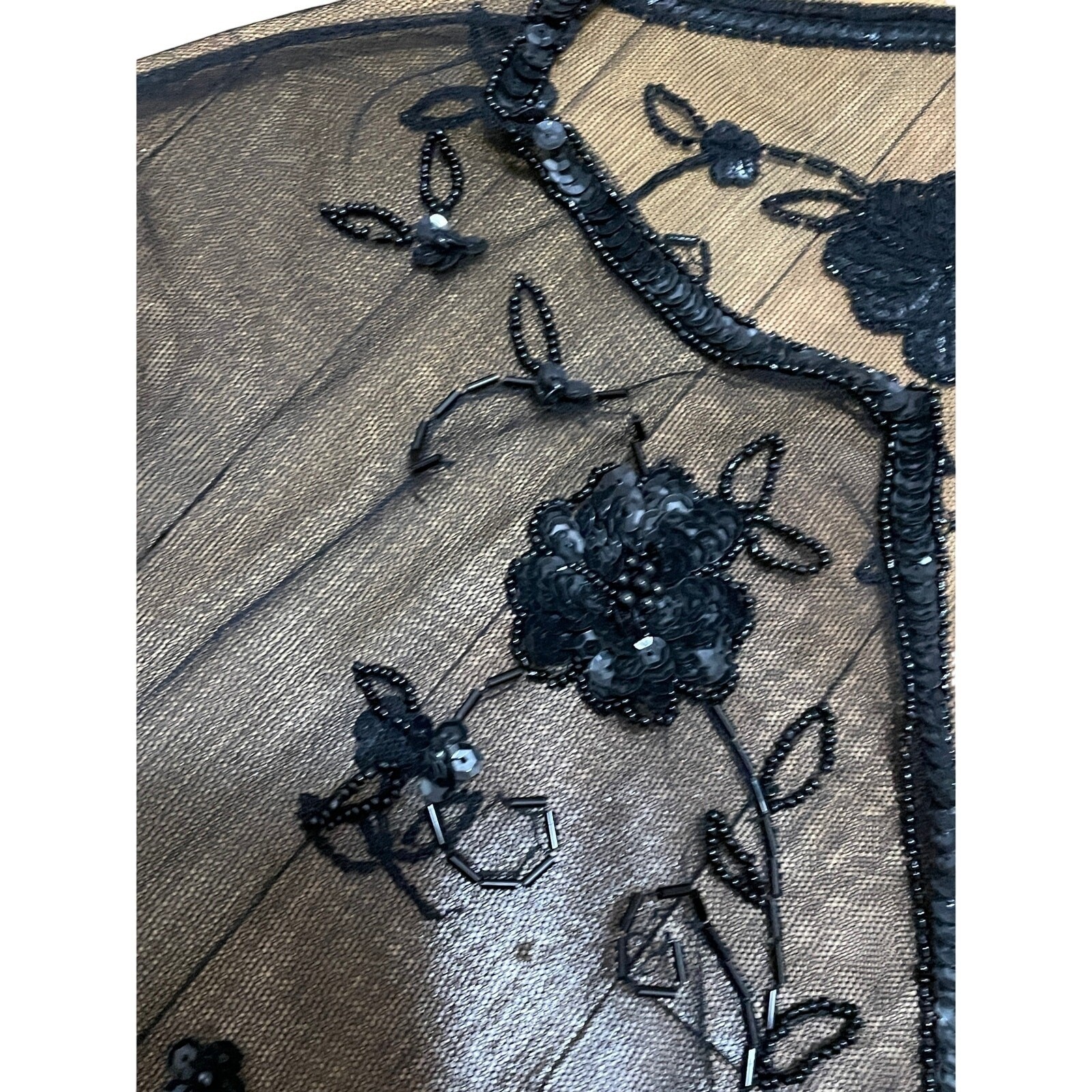 Vintage Black Sheer Mesh Beaded Floral Cardigan Sequin Open Front Shrug Top