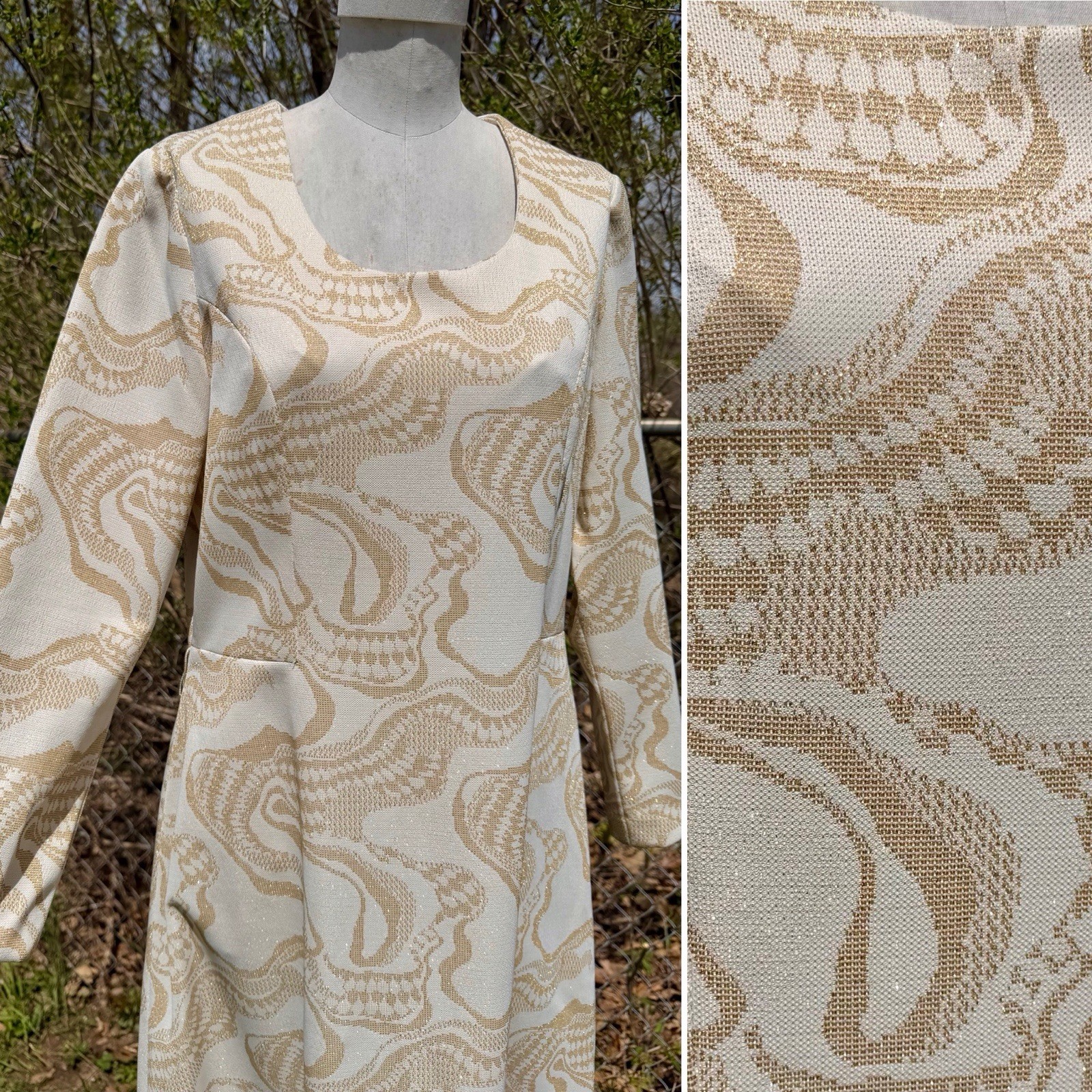 Vintage 1970s METALLIC GOLD MAXI DRESS Op Art Psychedelic Henry Lee Sparkly L/XL