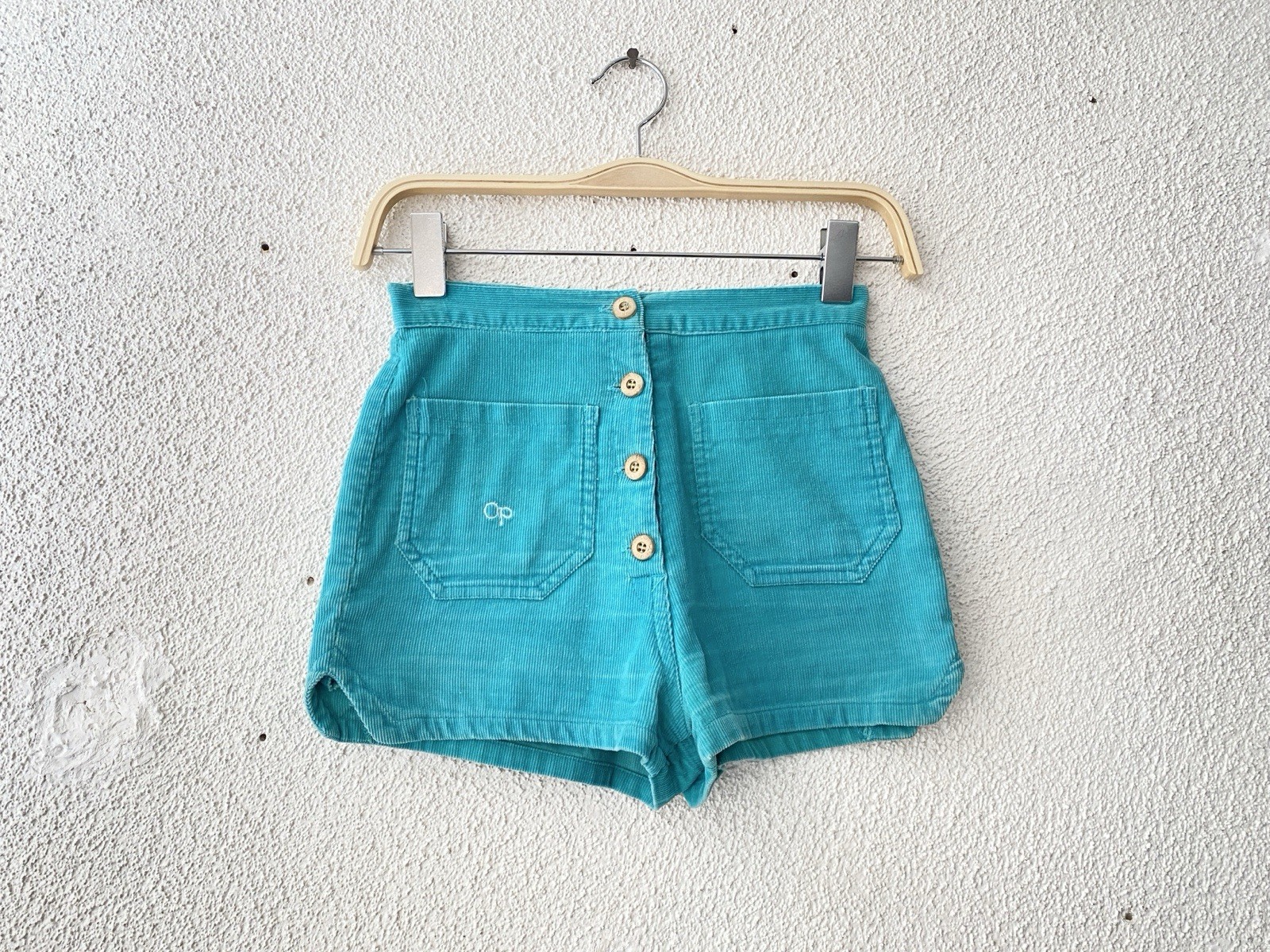 1980s vtg OCEAN PACIFIC blue/green EXPOSED BUTTON CORDUROY SURF SHORTS 2/4