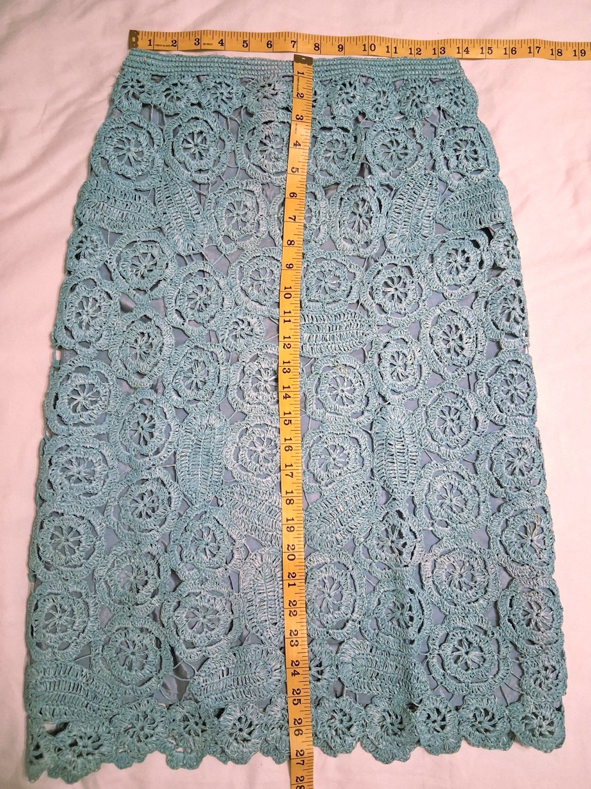 VTG 70s Handmade Crochet Floral Skirt Small 27w Blue 3D Open Knit Hippie Granny
