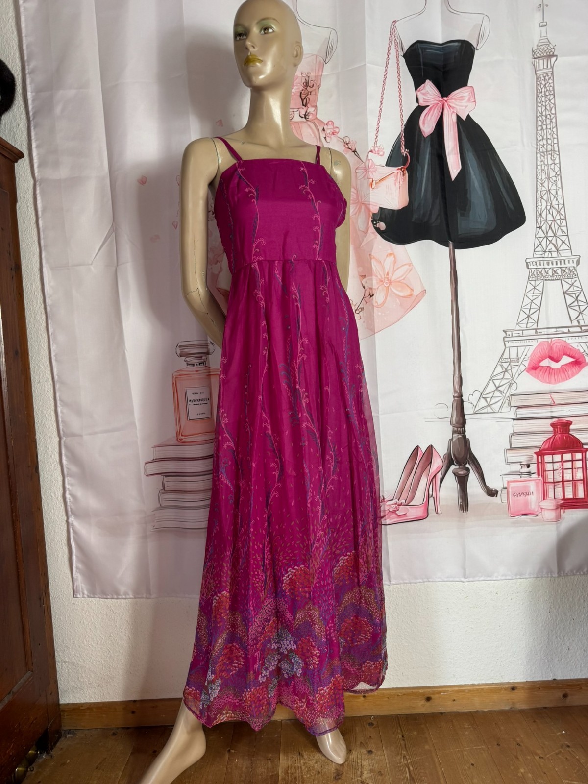 Vera Mont Vintage 70s Chiffon Maxi Dress Two Piece Pink Boho Size 32/34