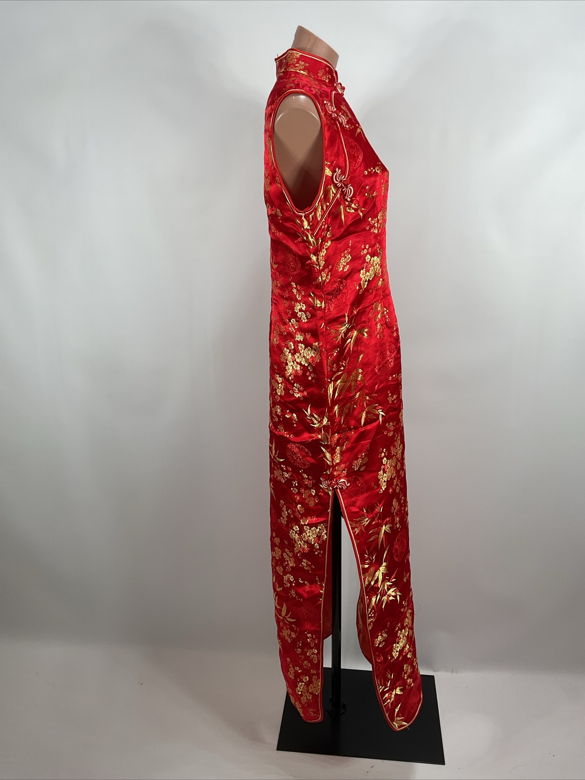 Asian Floral Cheongsam Vintage Dress Mandarin Collar Metallic Gold Red Sz 3xl PH