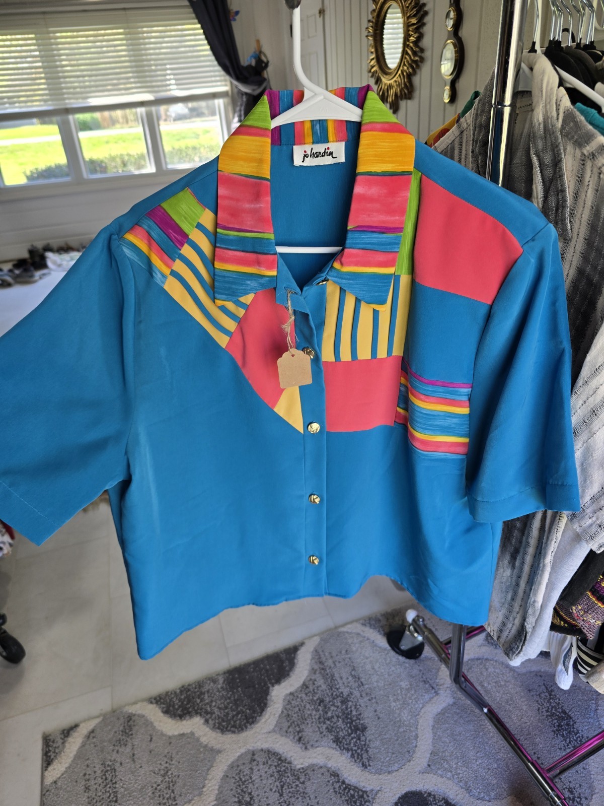 Jo Hardin 80’s Inspired Multicolor Silky Shirt with Metal Buttons