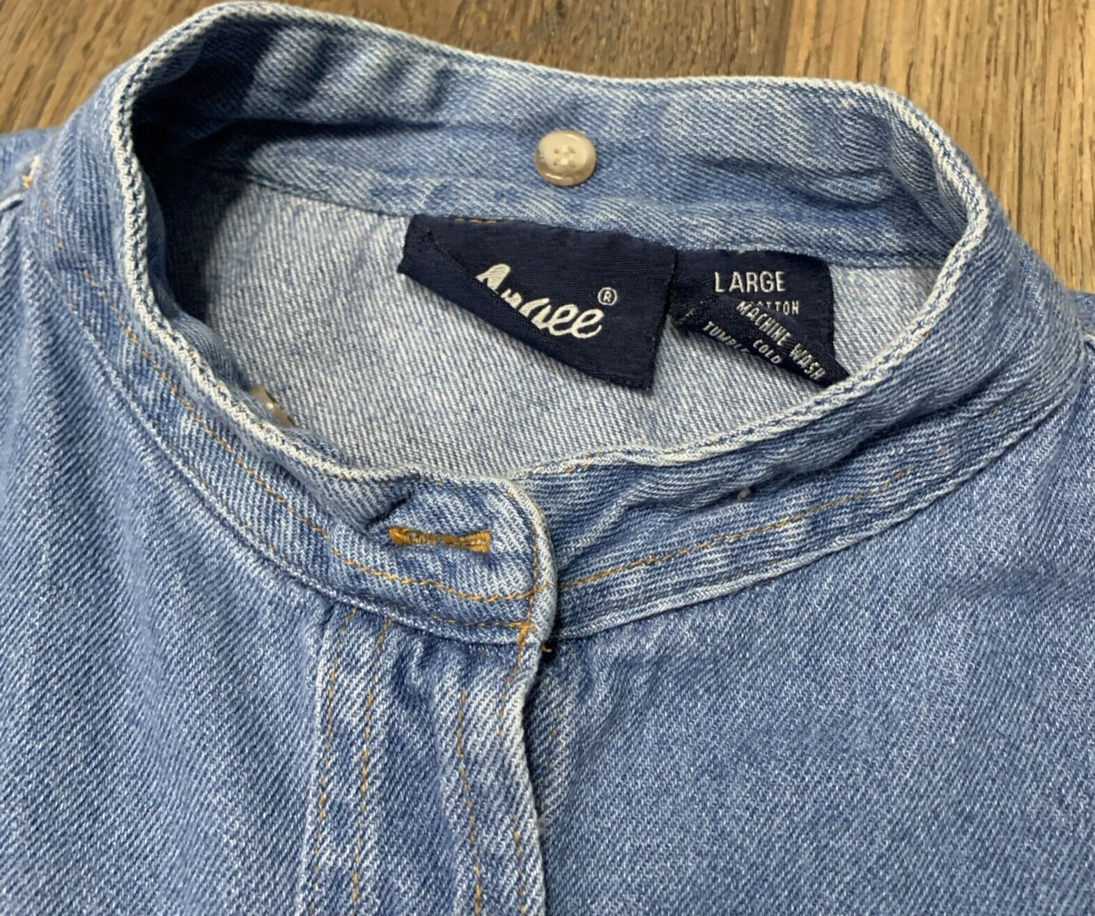 VTG Argee Denim Shirt Women’s L Western Classic Band Collar Blue Button Up