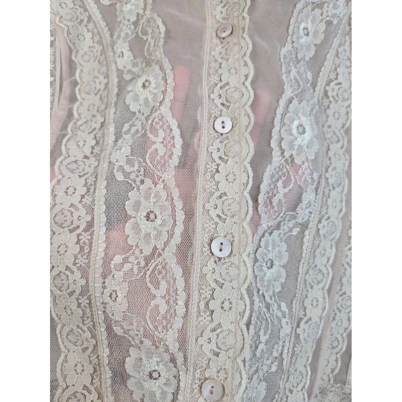 VTG Lacey Ruffle Blouse Tan Sheer Floral Lace Bell Sleeve Top Victorian Coquette