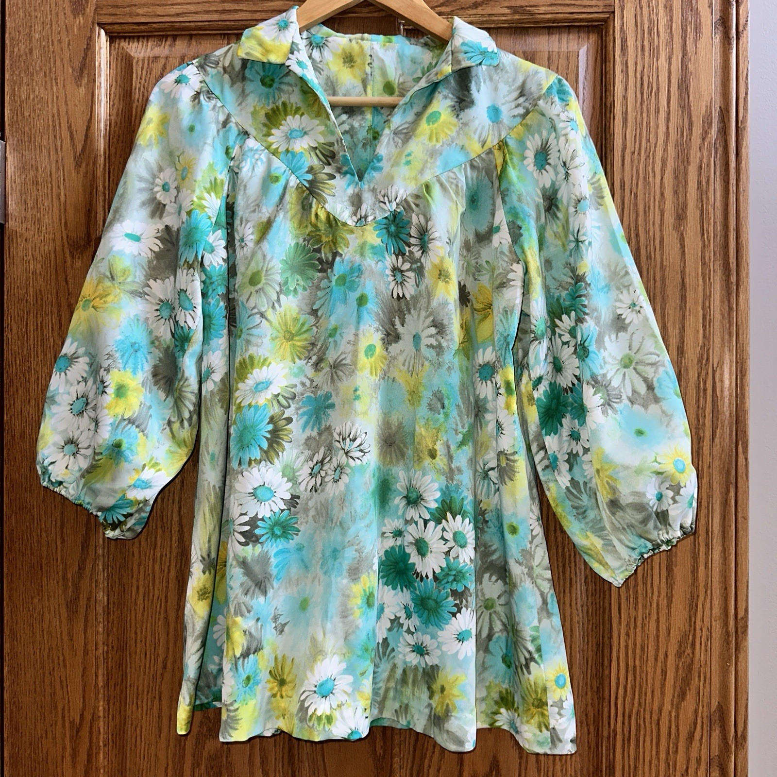 Vtg 60s 70s Handmade Floral Tunic Blouse Mod Hippie Daisy Top Balloon Sleeve M
