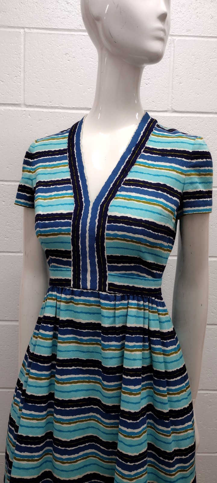 Vintage MCM Papillon Dress Audrey Style Mid Century Stripes Avocado Blue W 24″