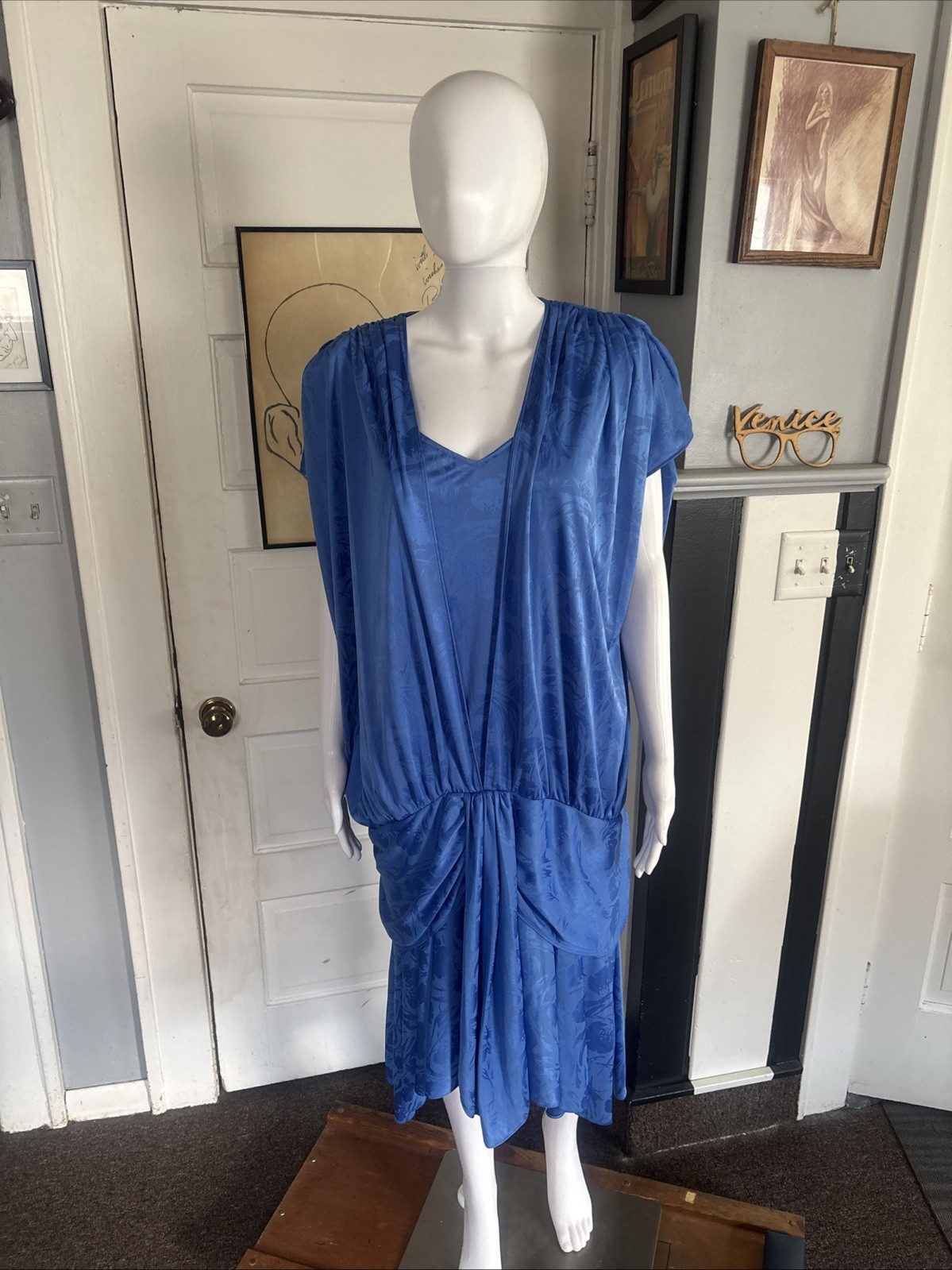 80s RICCARDO Drop Waist Dress Blue Size 16.5 USA made Silky Floral Shoulder Pads