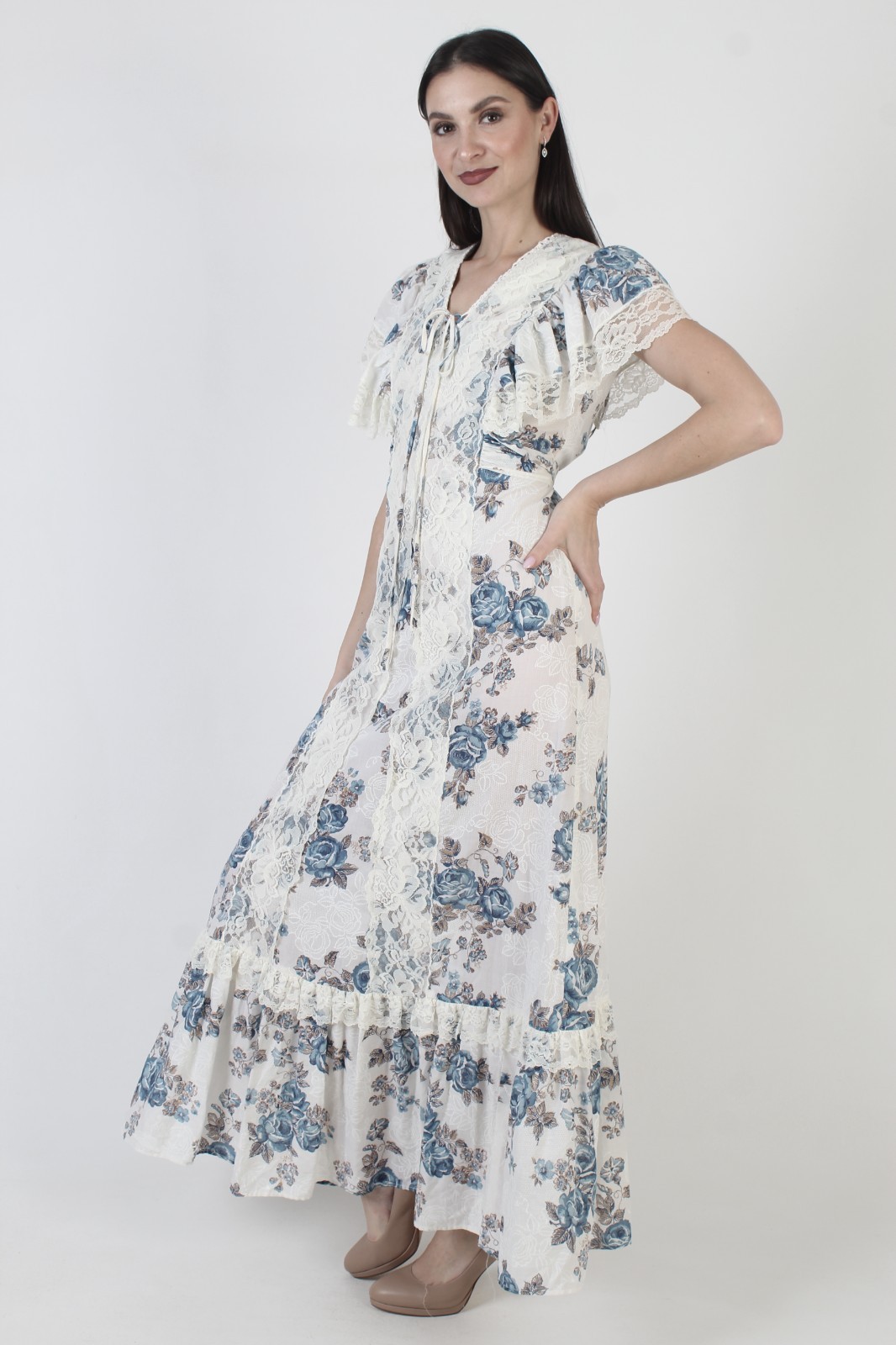 Vtg White Prairie Dress 70s Boho Wedding Lace Cottage Peasant Maxi Sundress