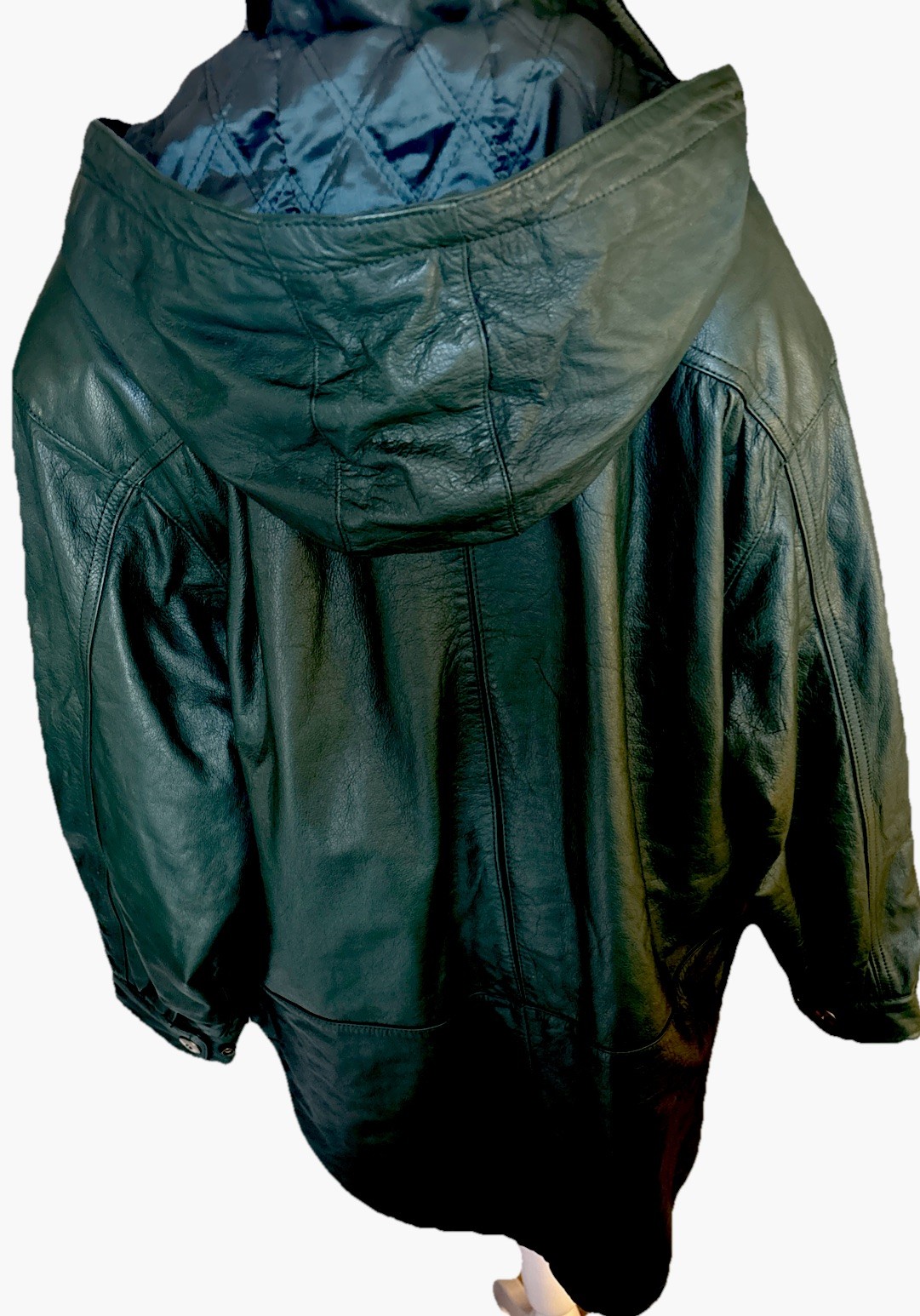 Vtg Green Leather Coat Quilted Liner Removable Hood High Collar J. Ferrar M