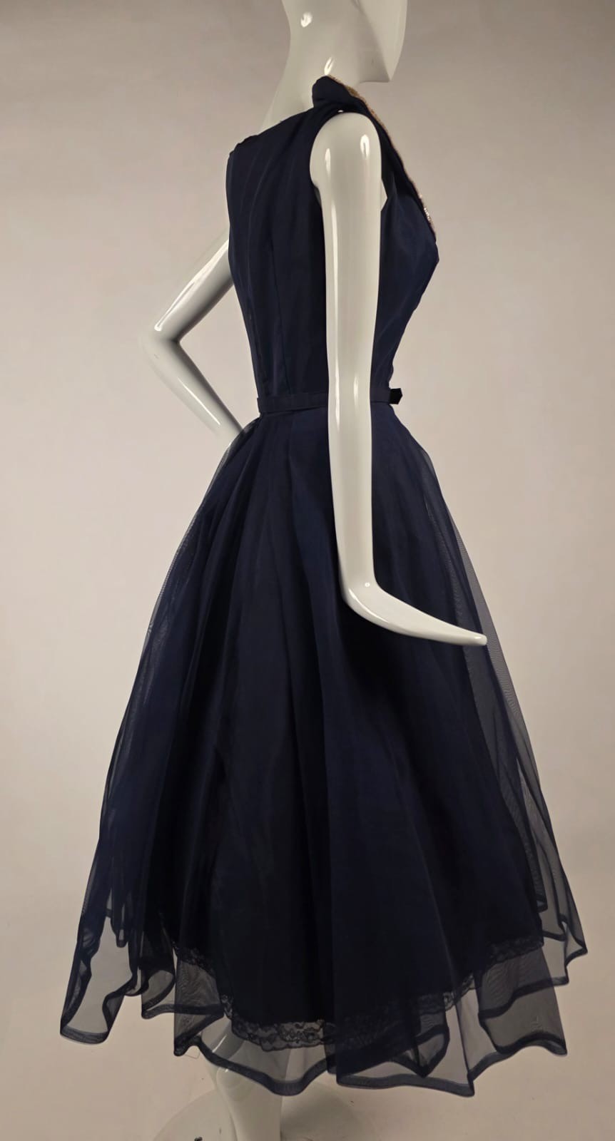 VINTAGE 1950’S BLUE ORGANZA OVER TAFFETA PARTY DRESS W SPARKLING SEQUIN COLLAR