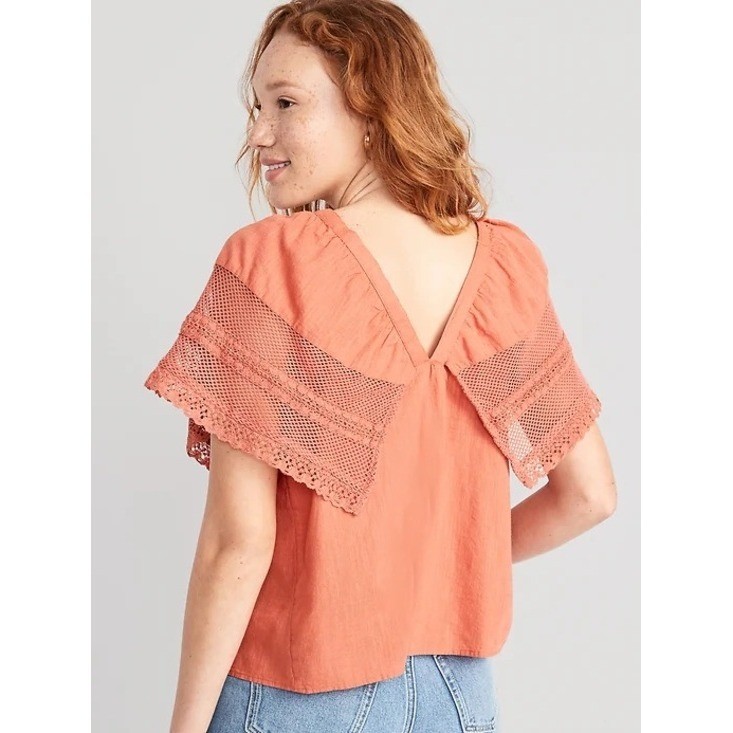 Old Navy Terracotta Cotton Crochet Lace Flutter Sleeve Boho Blouse Large