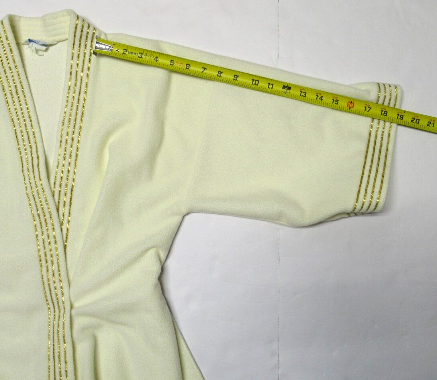 Vintage SEARS Cream Robe Gold Metallic Trim Belt SMALL 3/4 Sleeves At Home Wear