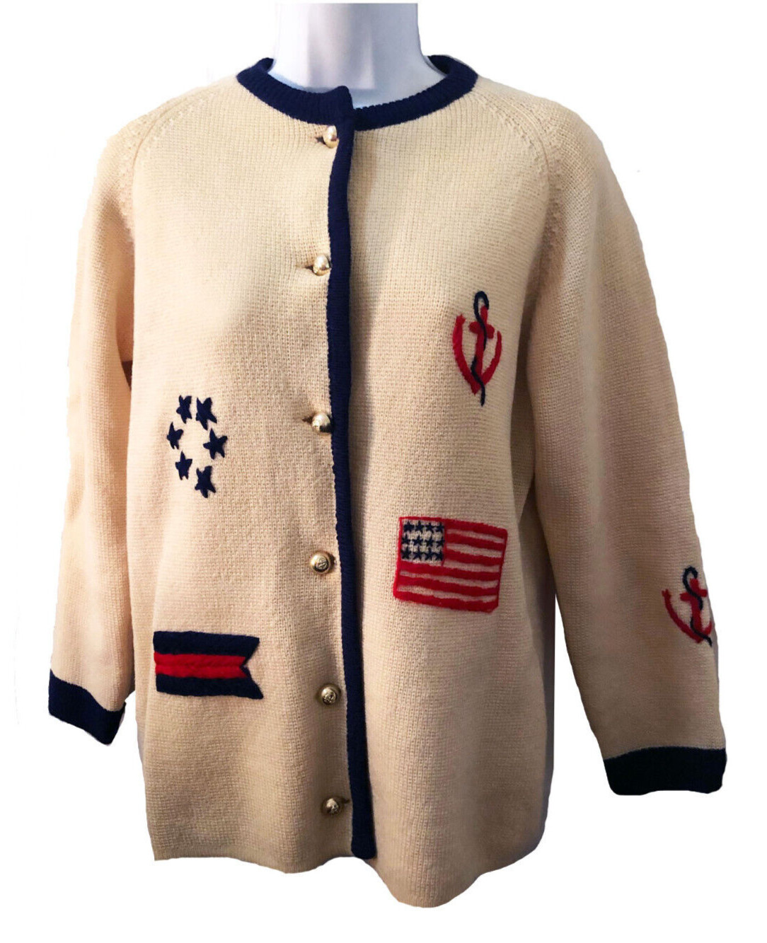 VTG 60s Ivory Wool Navy Trim Gold Button Cardigan w Sailing Boating Embroidery M
