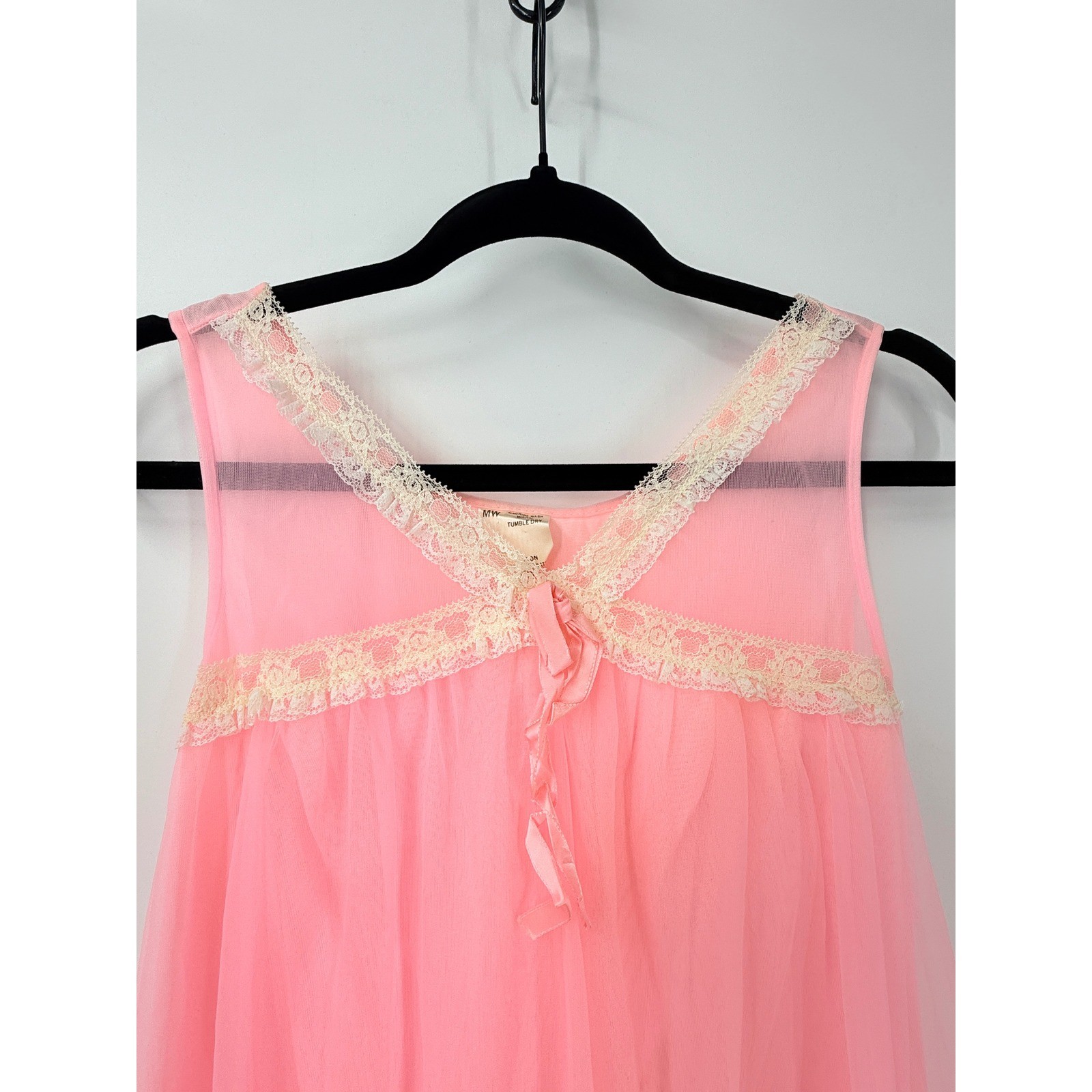 Vintage 60s 70s Pink Nylon Lace Peignoir babydoll Nightgown Sz S USA coquette