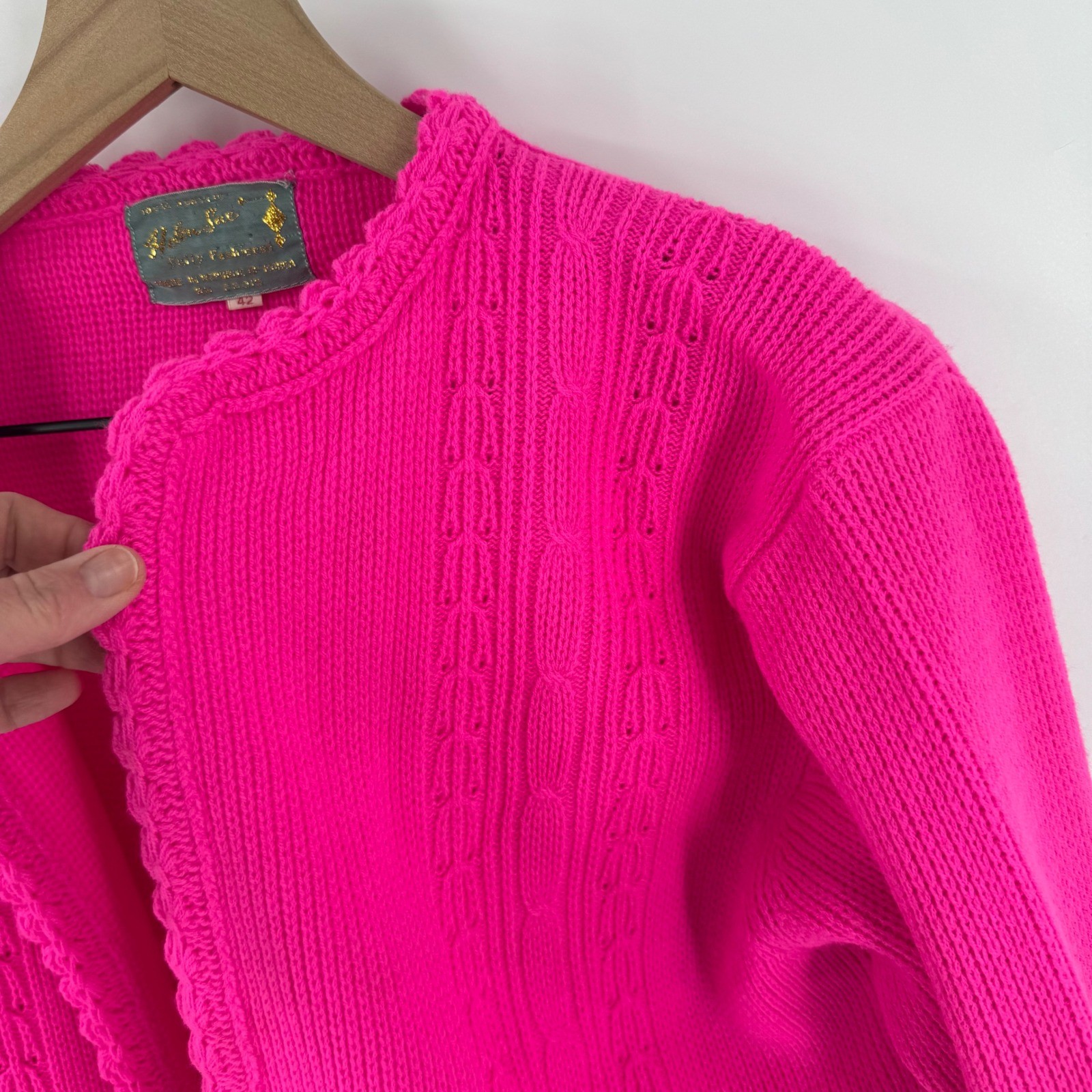 Vintage Helen Sue Hot Pink Open Cardigan Scalloped Trim Knit Size L Vibrant