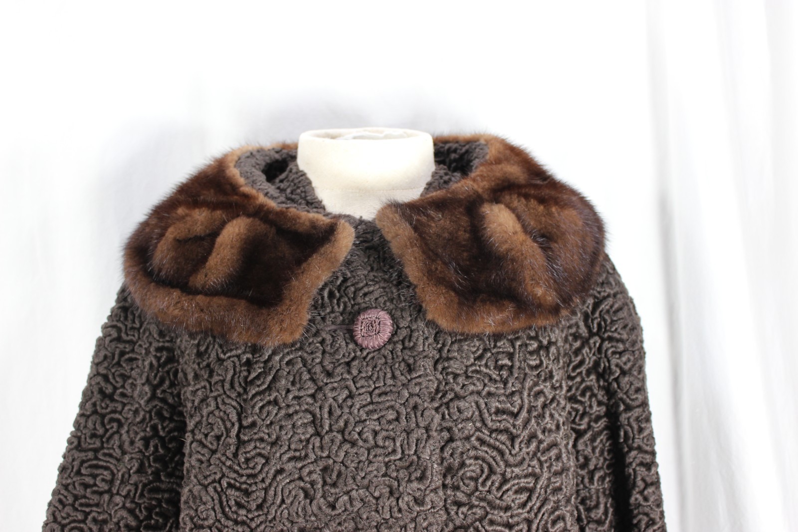 Vtg 50s Sportowne Astrakin Faux Curly Lamb Swing Coat Real Mink Collar Sz M