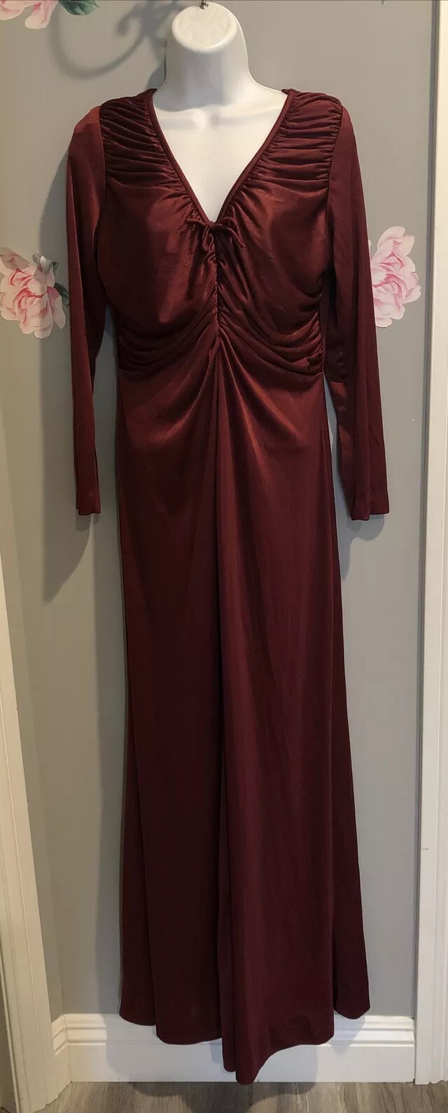 VTG ClaraLura DRESS Burgundy Ruched Long Sleeve Maxi Dress Sz 12