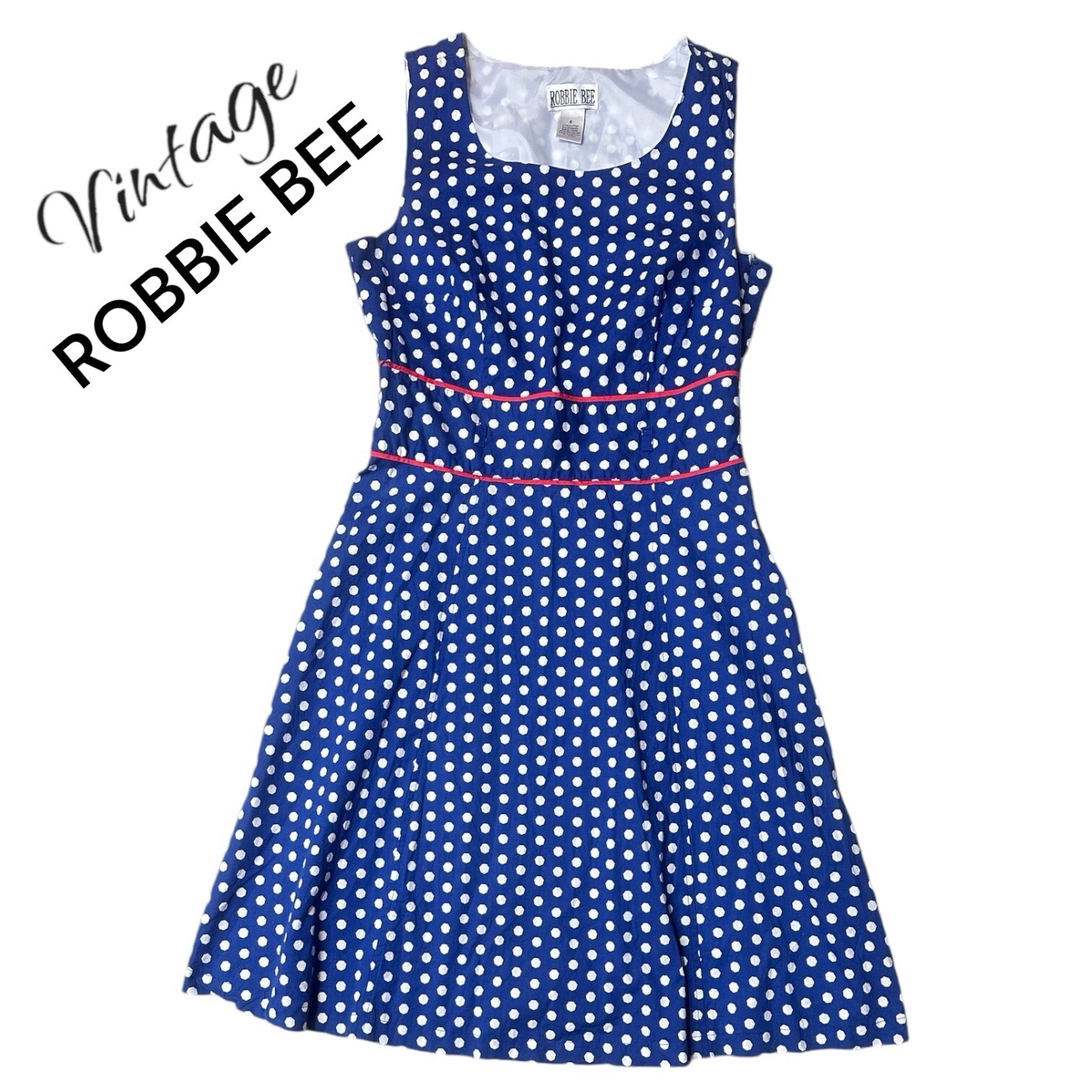 Vintage 1980’s Robbie Bee Dark Blue White Polka Dot Red Accents Dress Medium 6