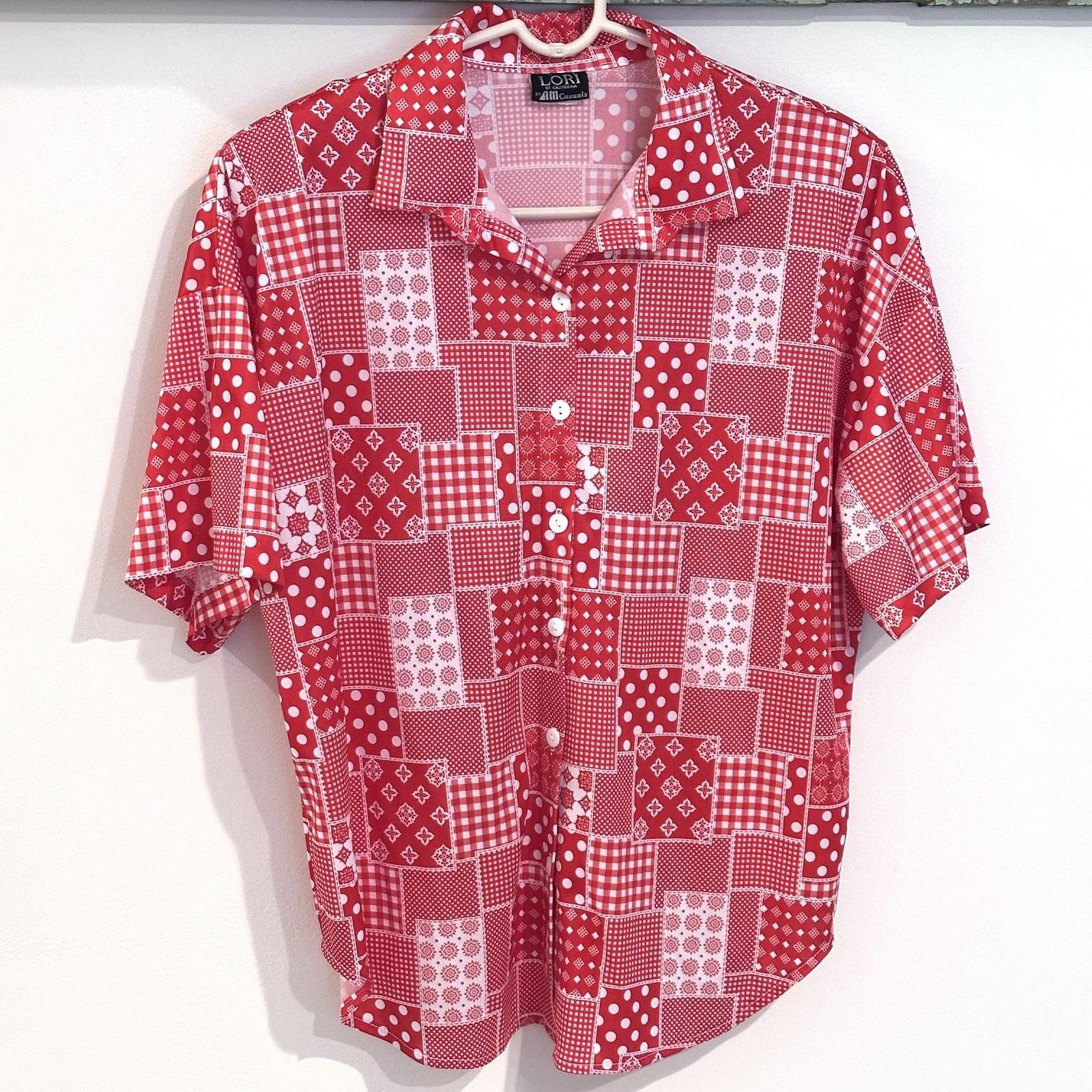 Vtg Women’s 70s Red Patchwork Button Up Blouse Disco Retro Hippie Size M
