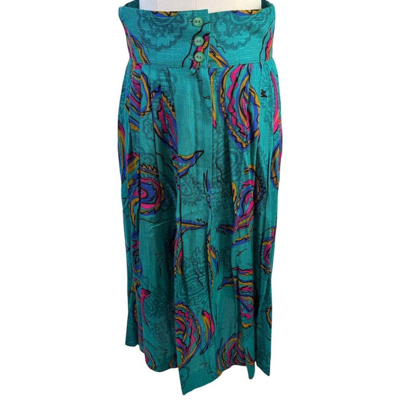 Vintage Cristina 100% Rayon Paisley Midi Skirt Teal Pockets Size 9 Made in USA