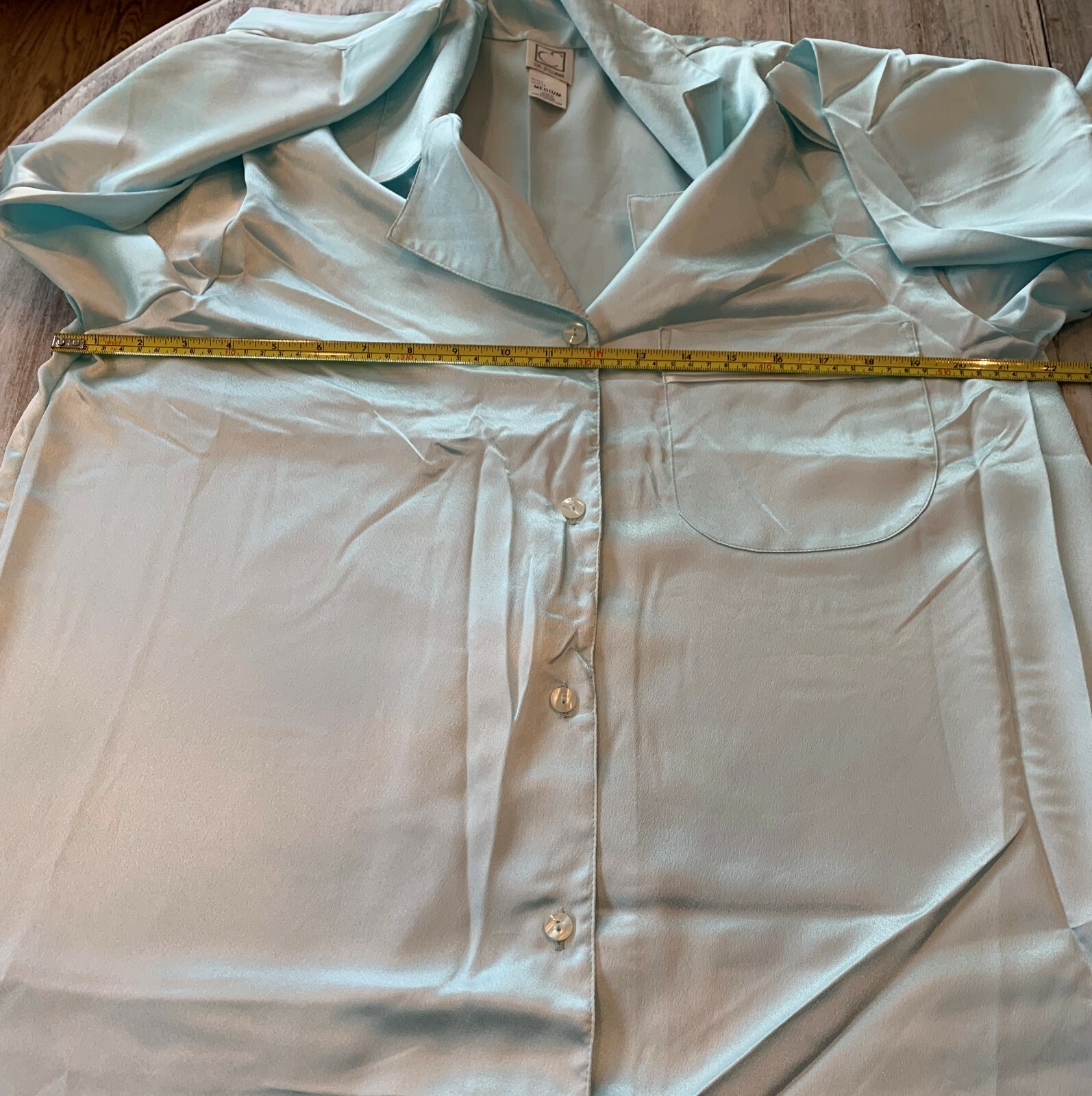 Vtg Eve Stillman Silky Soft Satin Button Front Long Sleeve Sleep Shirt Blue M