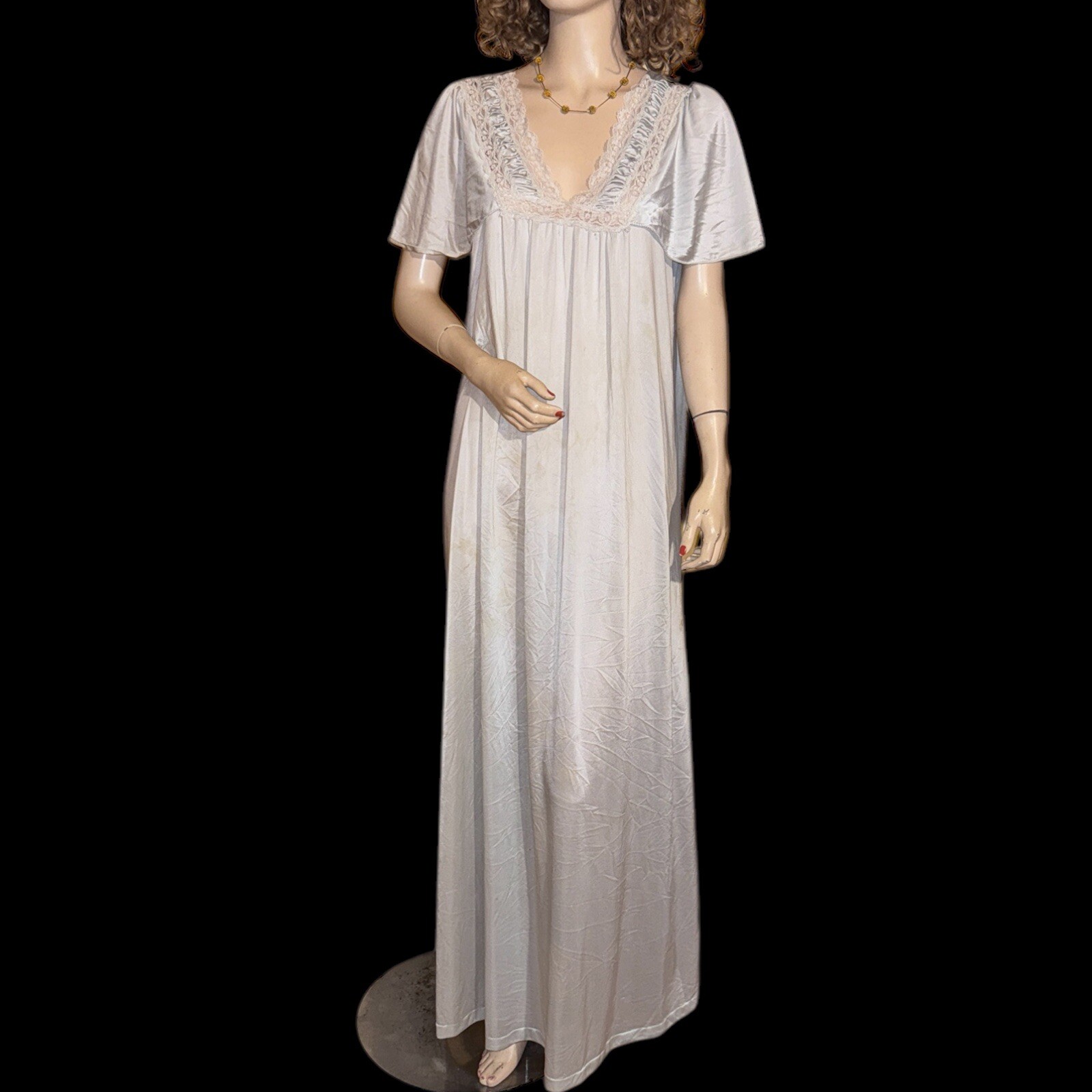 Vintage San Souci Long Lace Inset Blue Nylon Nightgown Sz M