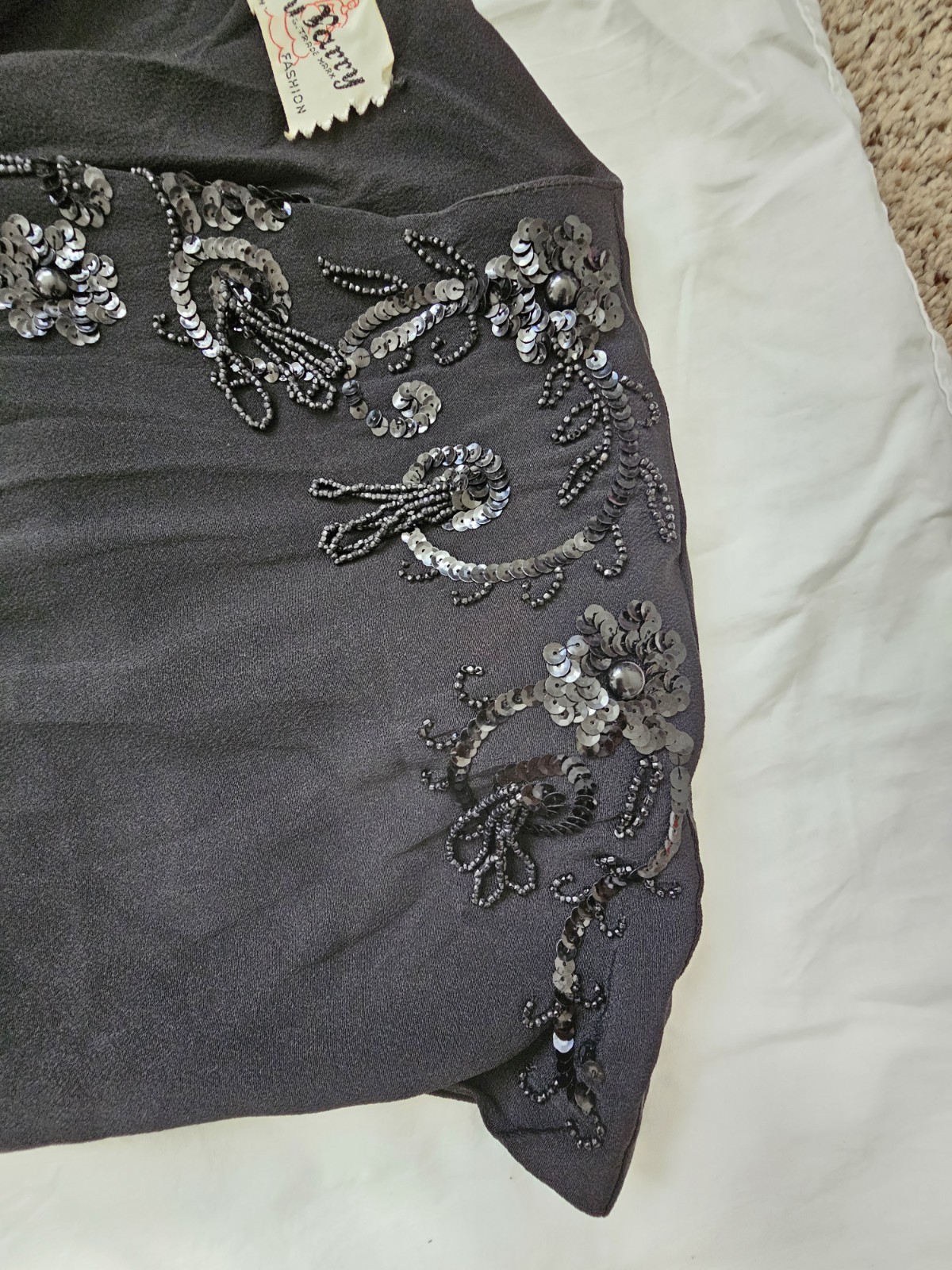Vtg 40s DuBarry Black Rayon Crepe Beaded Evening Maxi Dress W28-29″