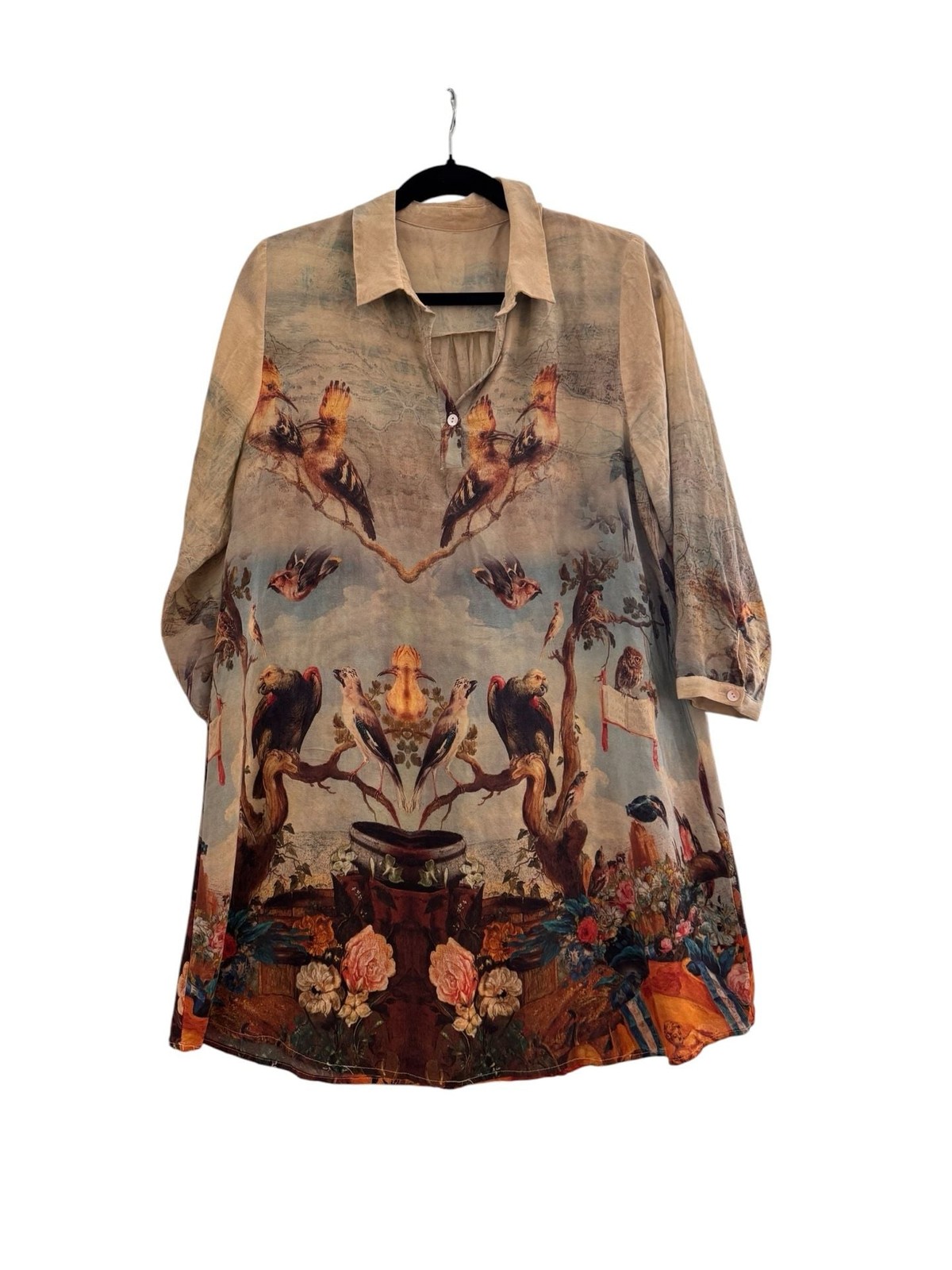 Vintage Girard Silk Renaissance Art Birds and Floral Print Tunic Shirt