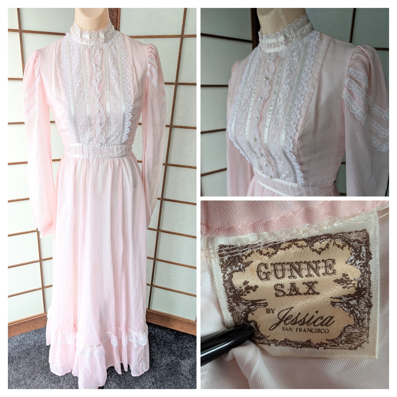Gunne Sax by Jessica 1970s Maxi Dress Wedding Prairie Blush Pink RARE XS