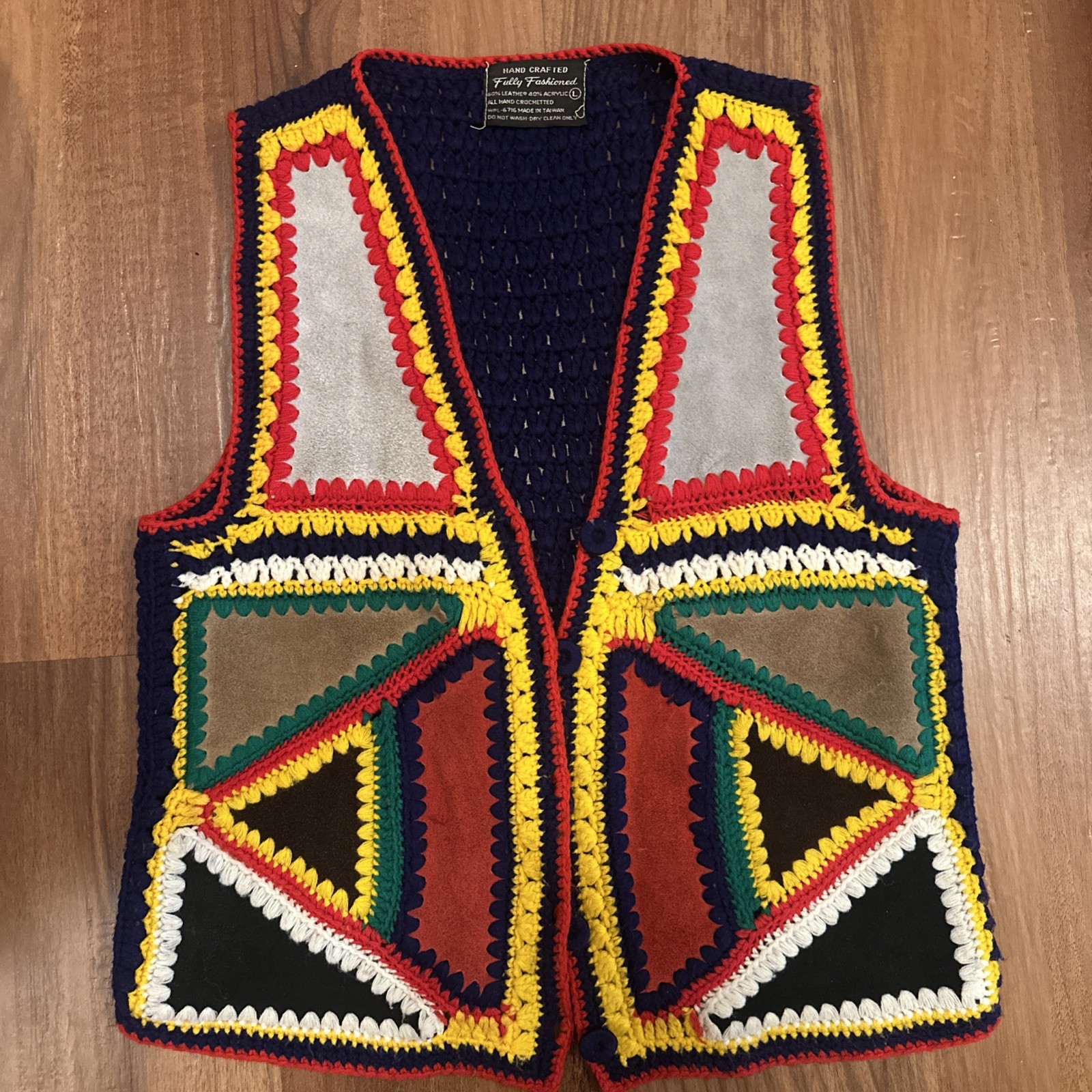 Vintage 70s Suede Patchwork Crochet Hippie Vest Fully Fashioned Size Sm/Med