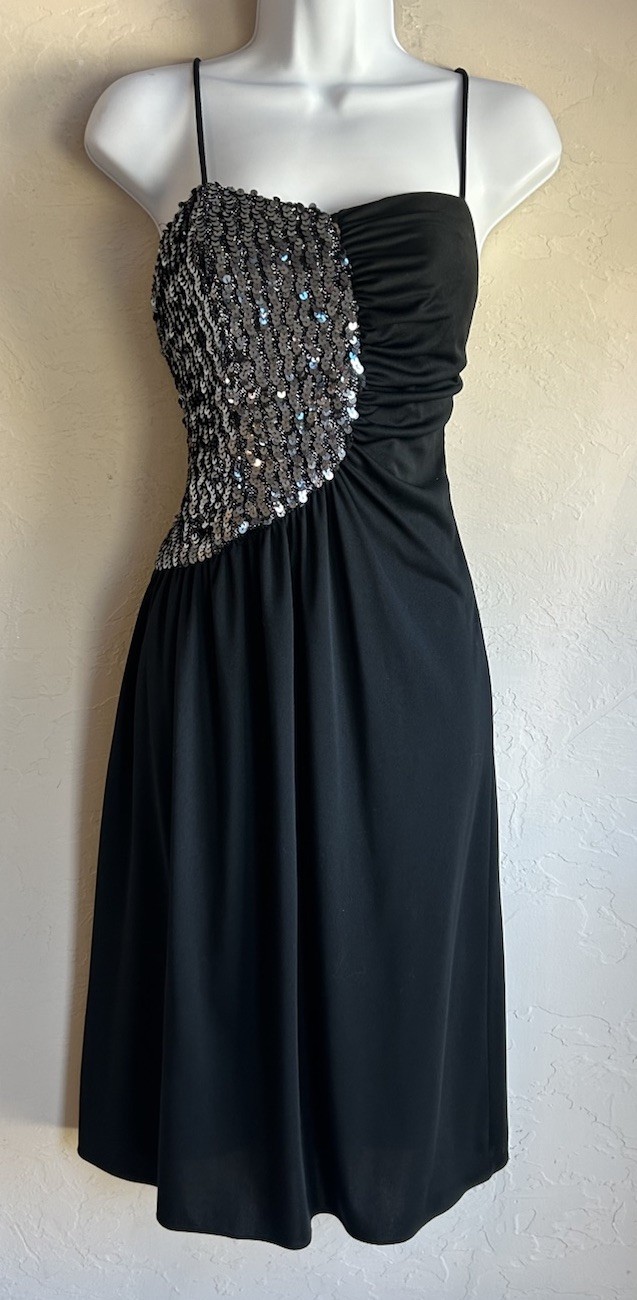 Vintage 80s Glenrob Black Sequin Asymmetrical Cocktail Dress S Studio 54 Glam
