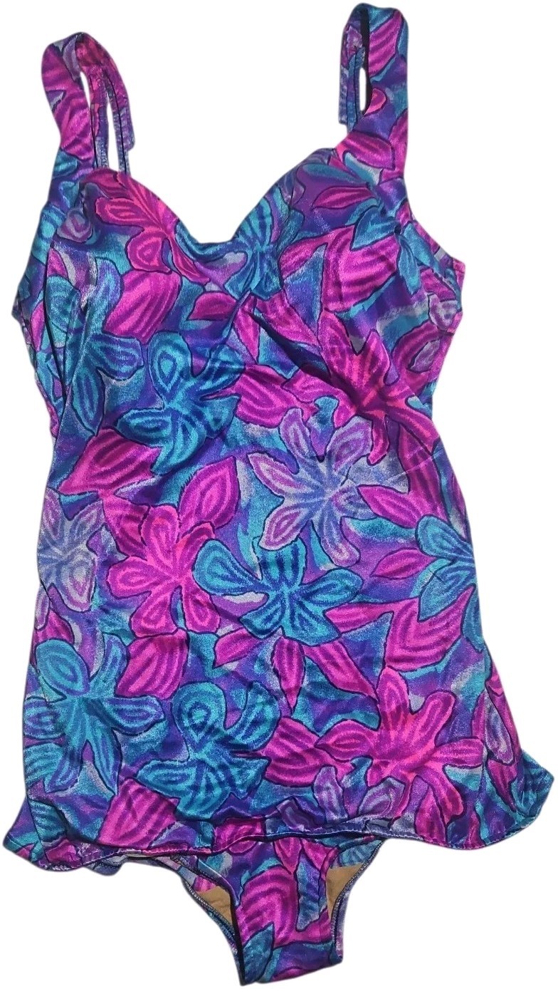 Vtg 90s Maxine Of Hollywood Skirted Swimsuit One Piece Floral Purple Blue Med
