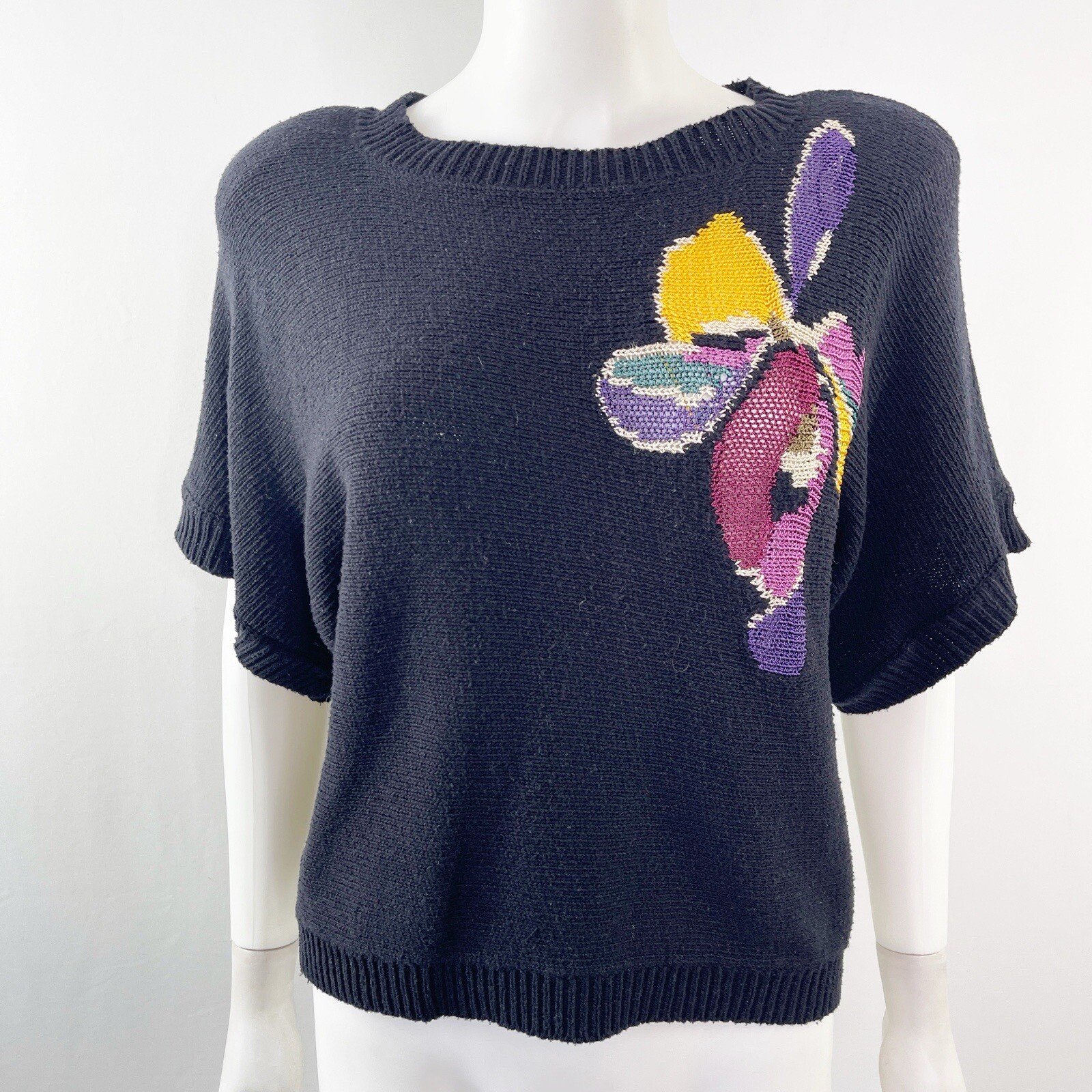 Vintage Frank Masandrea Black Floral Sweater Saks Fifth Avenue Womens 12