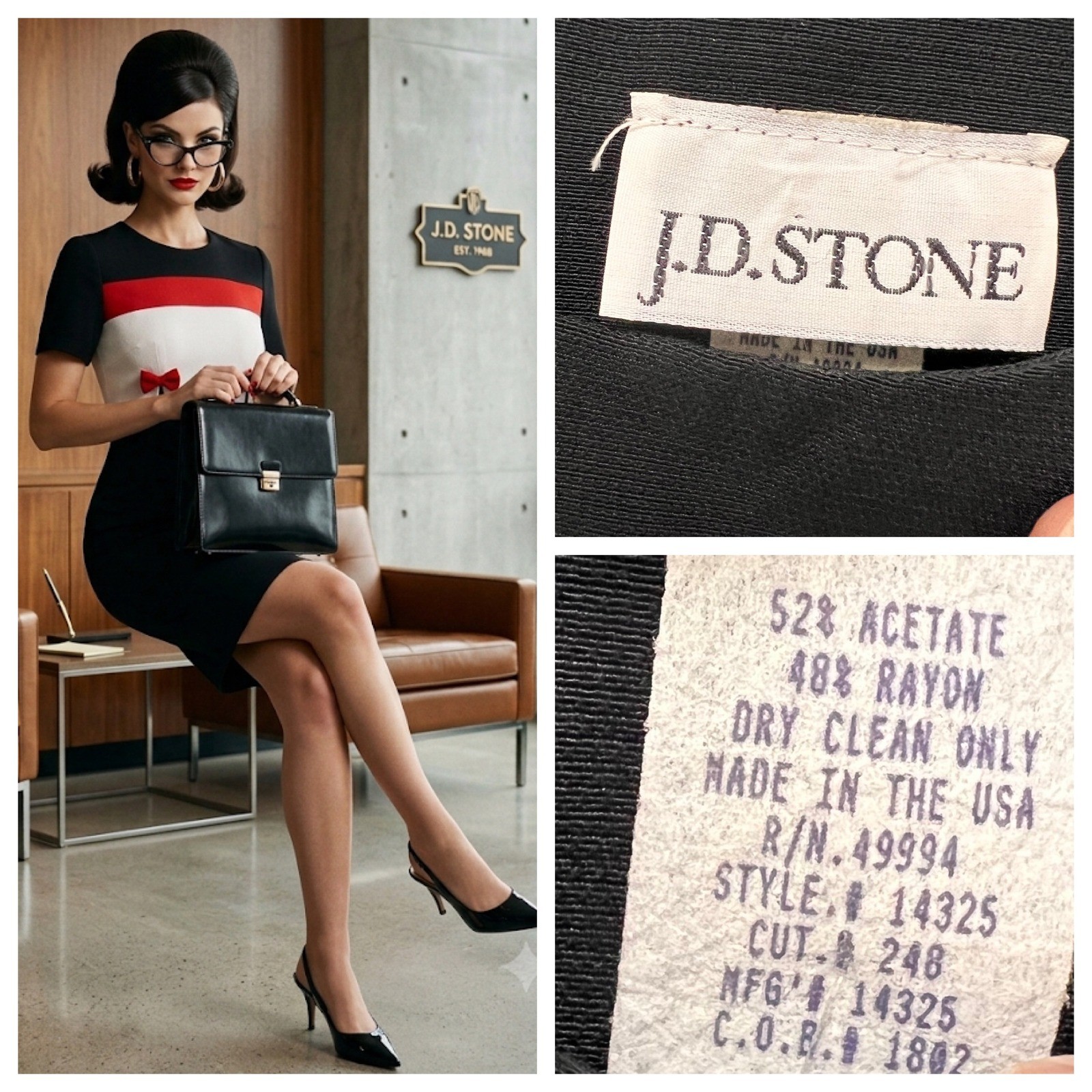 Vintage 90s Colorblock Bow Sheath Dress Retro Mod Office Siren Made in USA SP