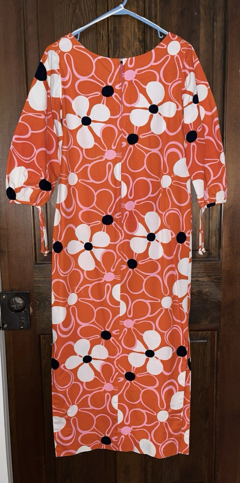 VTG Malihini Hawaiian Cotton Barkcloth Maxi Hostess Dress Orange Daises Floral