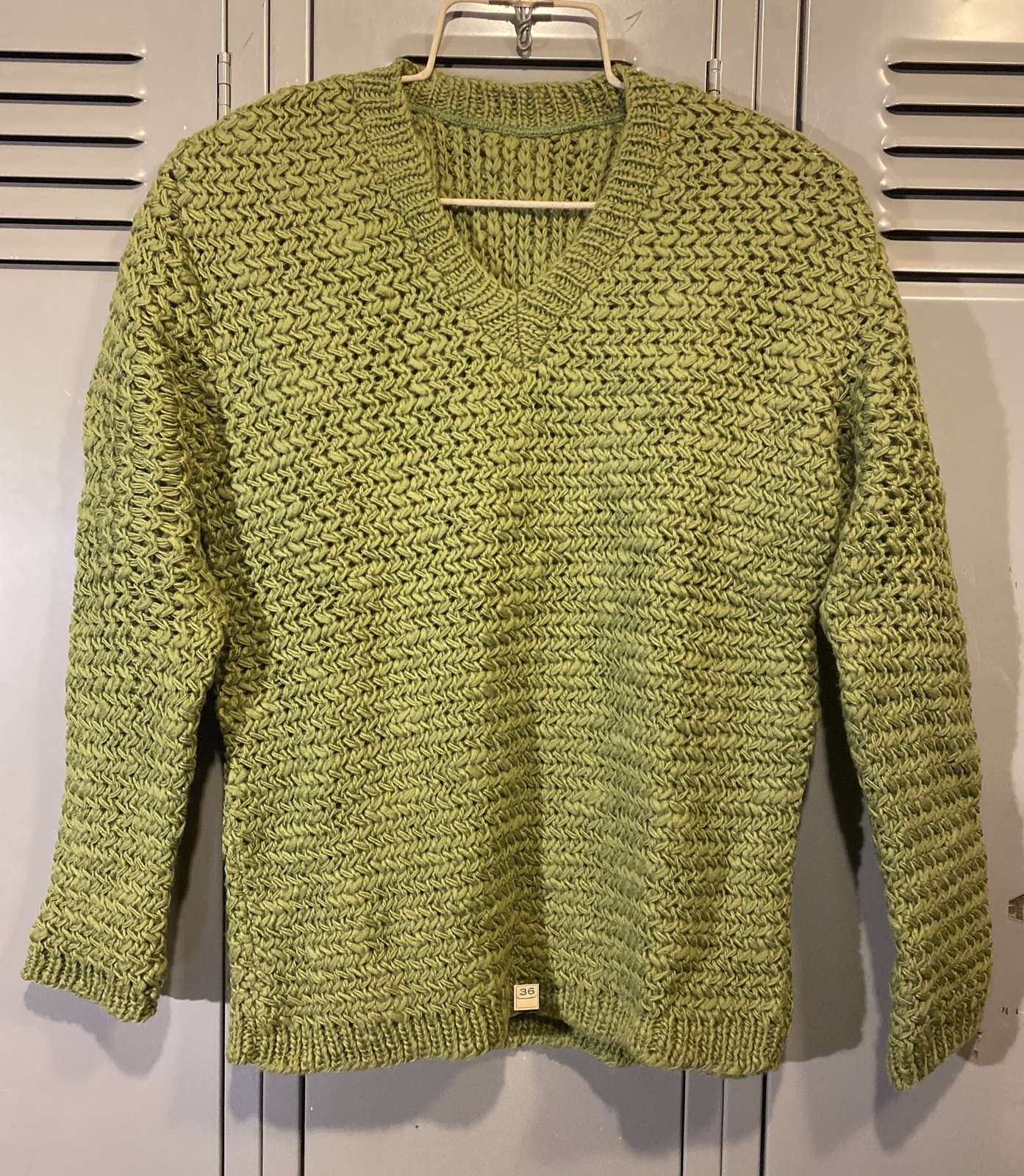 VTG New Sweater Moss Green Thick Knit Weave V-Neck Pullover Chunky 60s 70s S/M