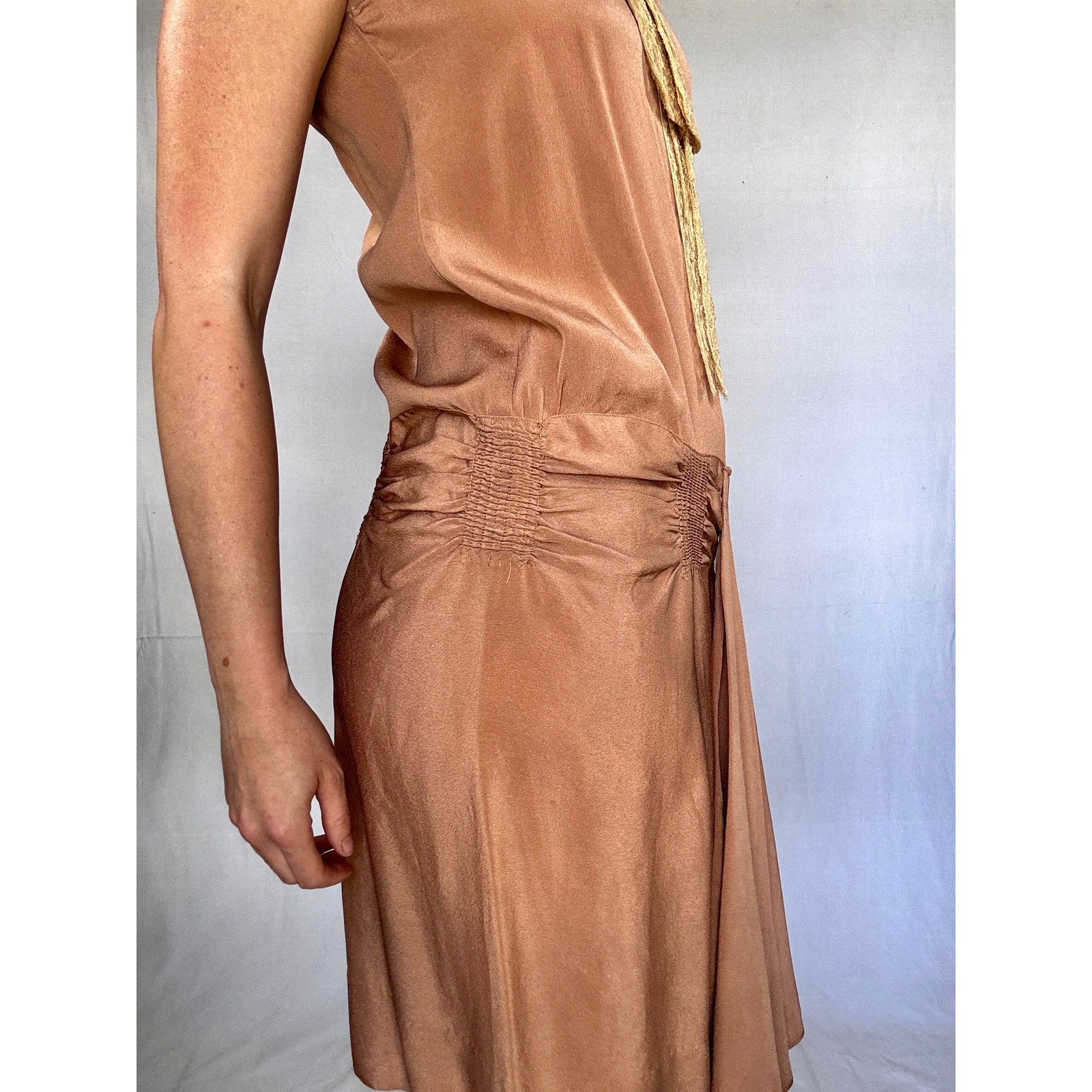 Antique 1920s Drop Waist Silk Dress Blush Pink Floral Lace Collar Flapper