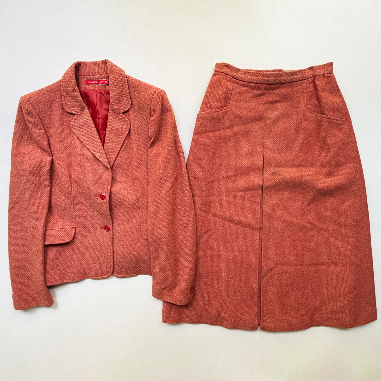 Vintage Halston III Jacket Skirt Suit Womens Size 8 Wool Tweed Rust Camel Lined