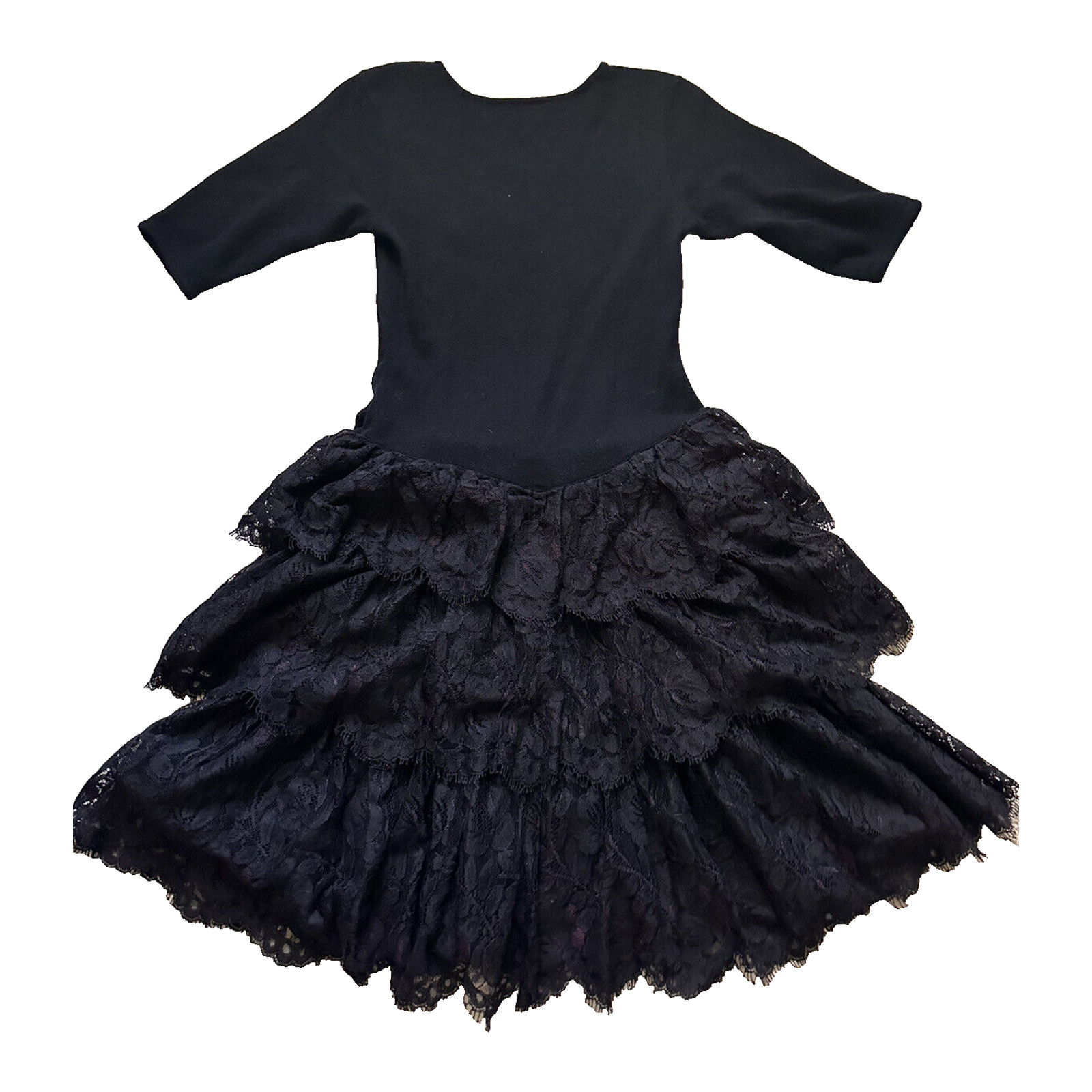 Vintage Adrienne Vittadini Sweater Dress Lace Ruffles Layered Wool Black Sz M