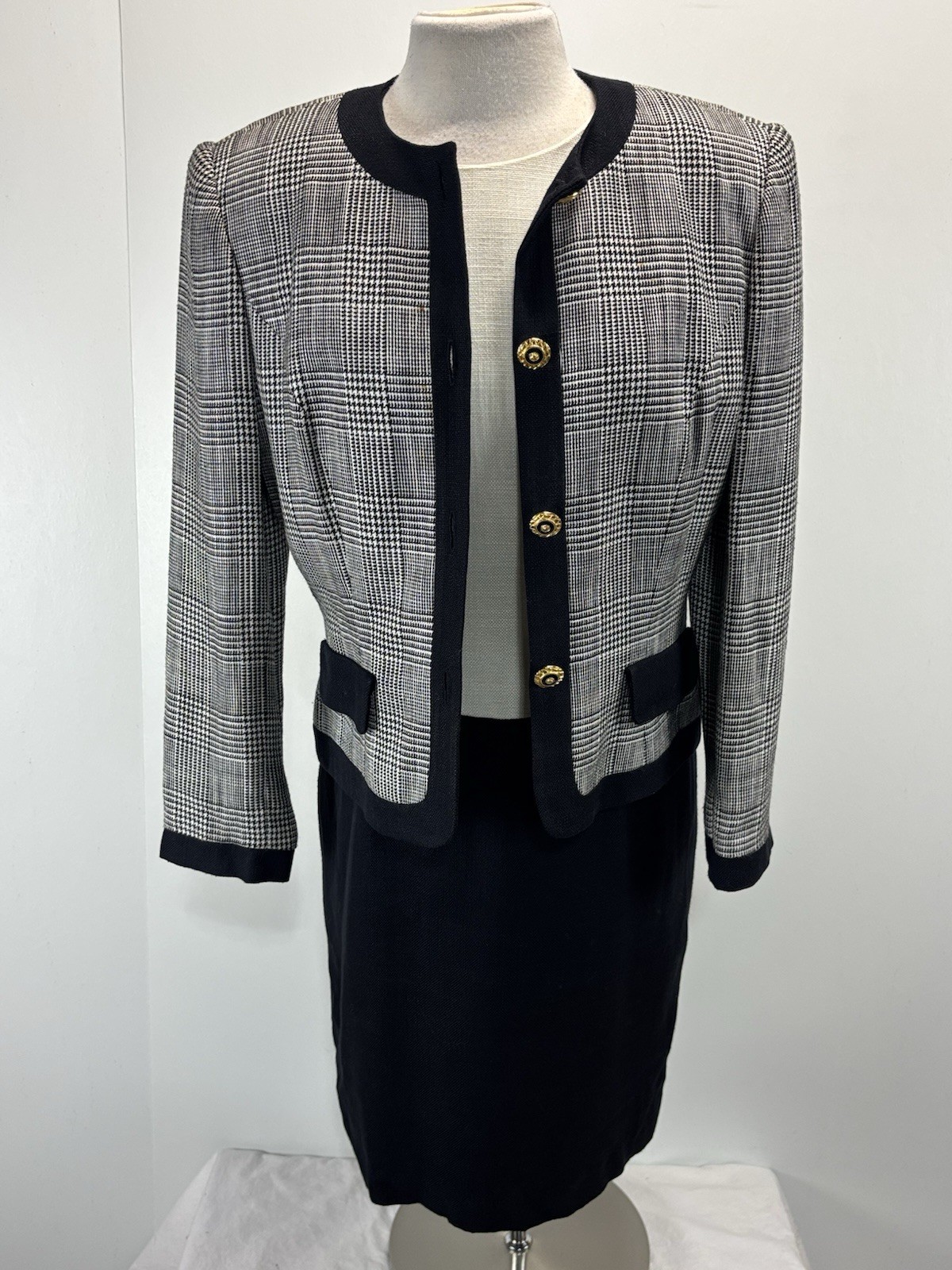Vtg Talbots 2 Pc Dress Set Women’s 10 Black White Career Jacket Made USA 90s