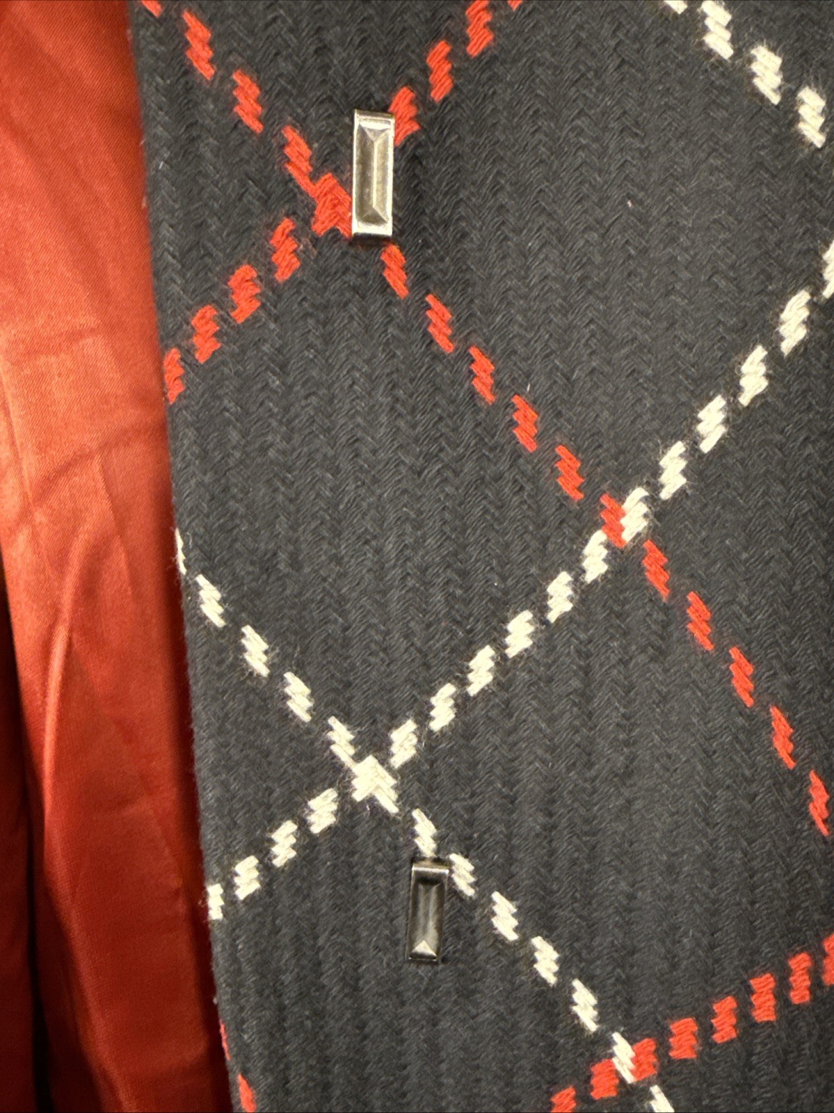 Vintage Lord & Taylor Identity Black Red White Diamond Wool Blend Coat Luxury 6