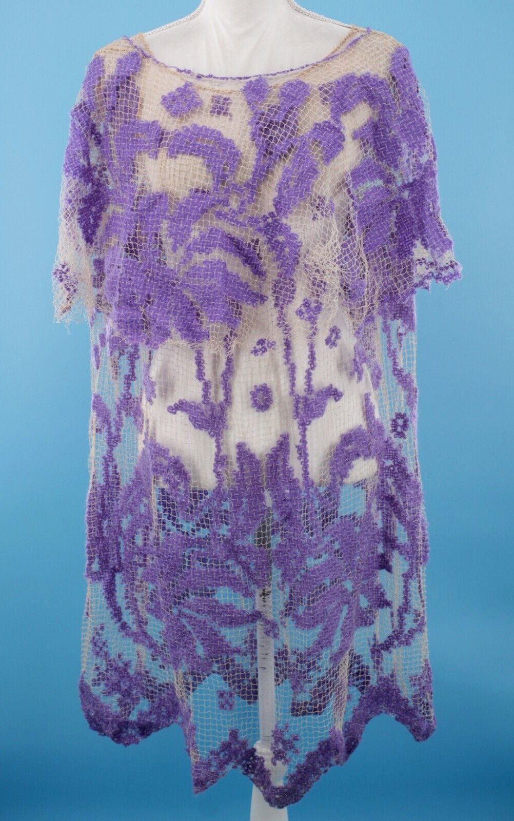 VTG Women’s 20s Beige Mesh Fishnet W/ Purple Floral Yarn Knit Dress L/XL 1920s